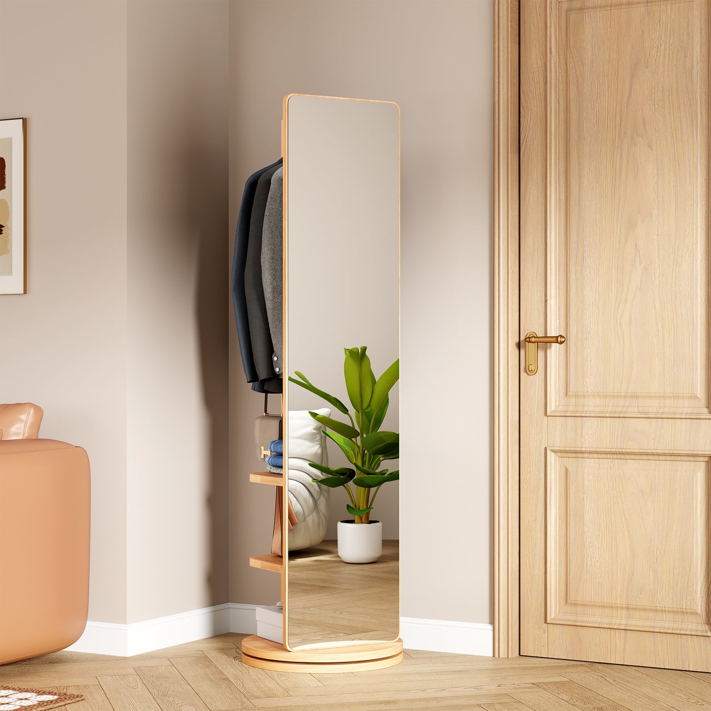 360 Rotating 69x16 Multifunctional Full Length Mirror With Hook Storage Rack Coat Rack With Mirror Solid Wood Floor Mirror Bedroom Living Room Cloakroom Space Saving Natural Wood