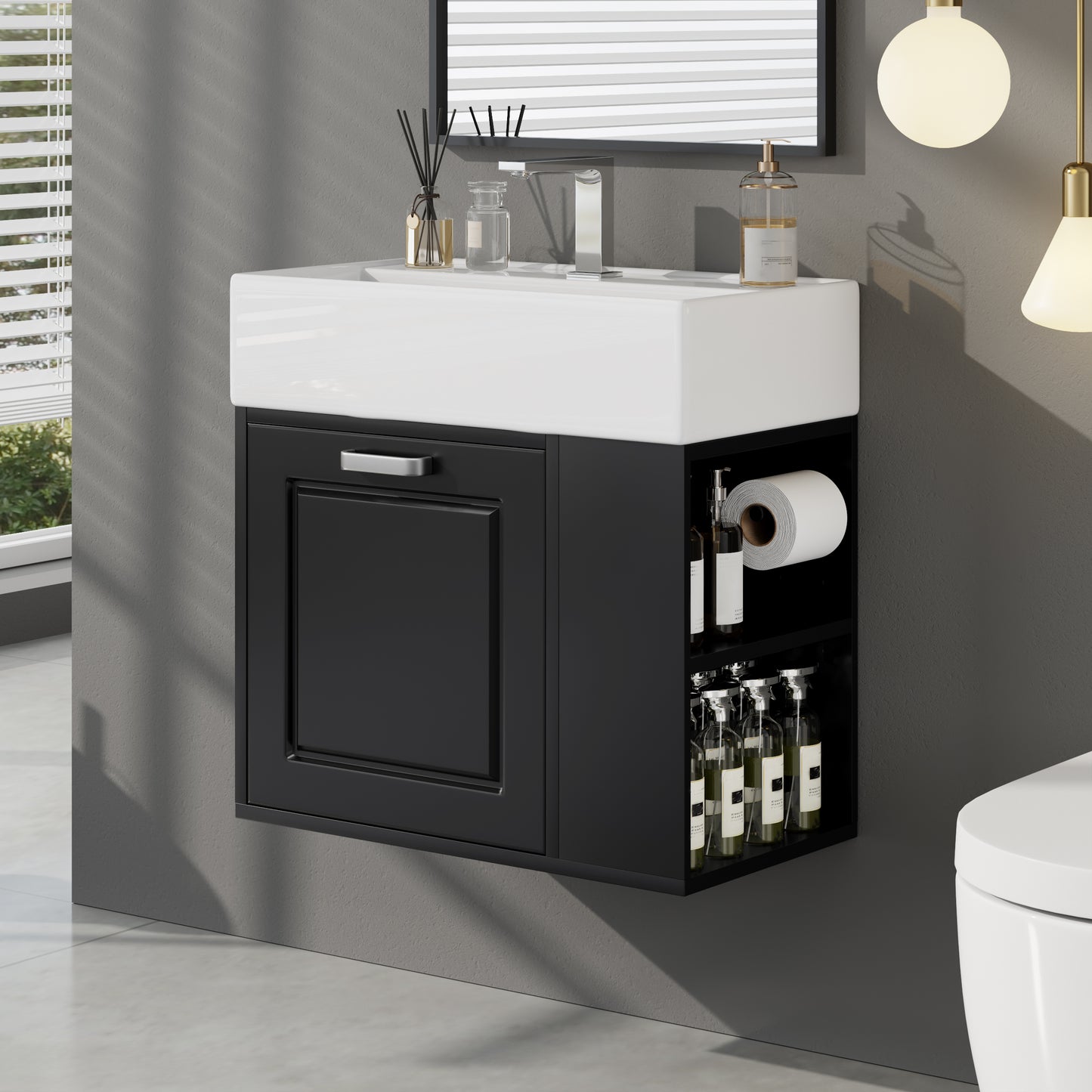 21.8 Inch Bathroom Vanity With Sink, Wall Mounted Floating Cabinet, One Big Drawer, Adjustable Shelf, Toilet Paper Holder, Soft-Close System, Black