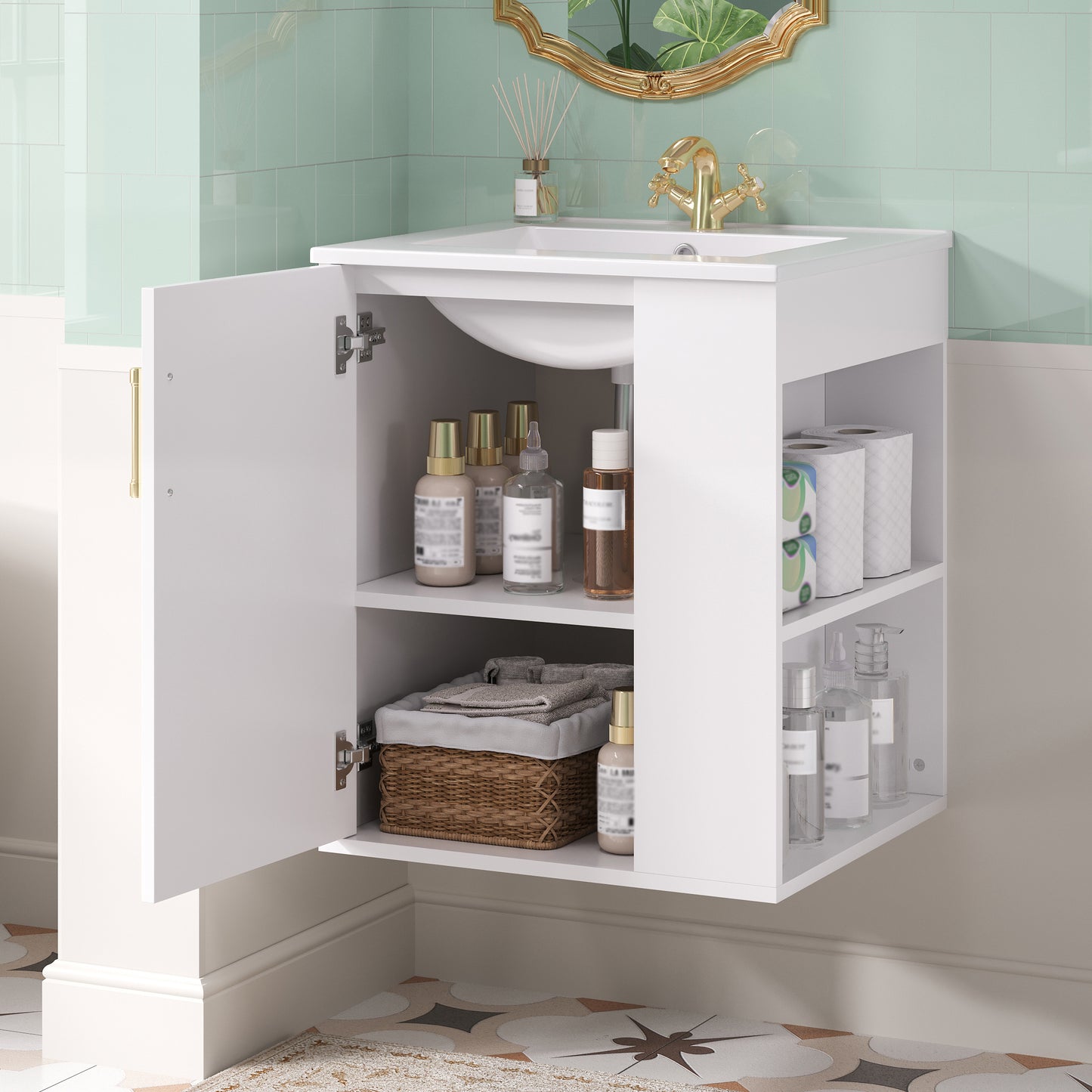 20 Wall Mounted Bathroom Cabinet With Side Cabinet Combo, Bathroom Cabinet With Soft-Closing Door, Modern Bathroom Vanity With Sink,White