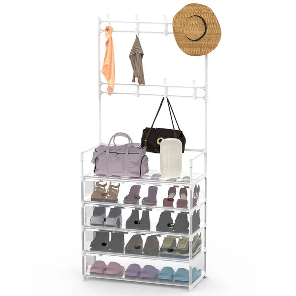 5-Tier Coat Rack Dustproof Entryway Hall Tree Clothing Shelf Shoe Rack With 8 Removable Hooks Freestanding Hat Clothes Organizer For Front Door Bedroom Entryway