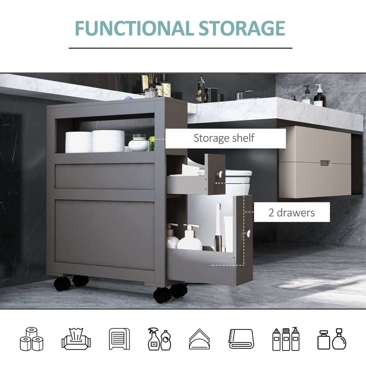 Space Saving Narrow Bathroom Storage Cabinet, Bath Toilet Paper Holder with Drawers and Rolling Wheels, Gray