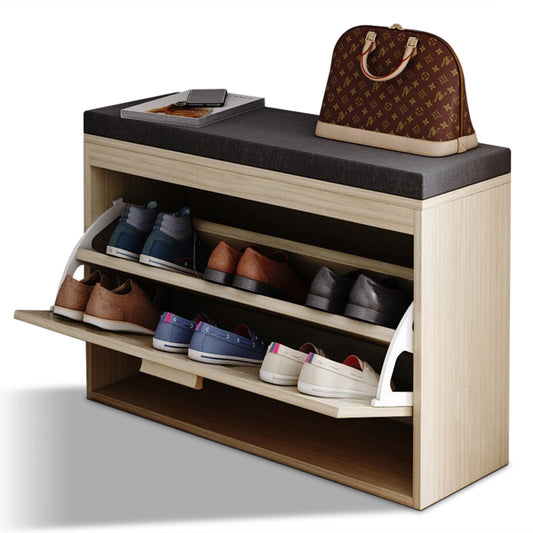 Rattan Shoe Rack, Hallway Shoe Bench, Shoe Cabinet With Flip-Drawer And Seat Cushion