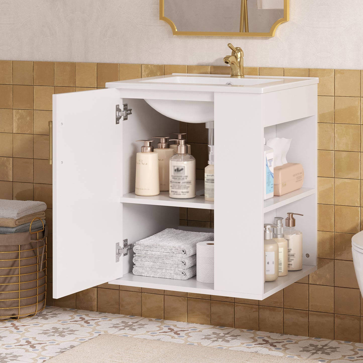 20 Wall Mounted Bathroom Cabinet With Side Cabinet Combo, Bathroom Cabinet With Soft-Closing Door, Modern Bathroom Vanity With Sink,White