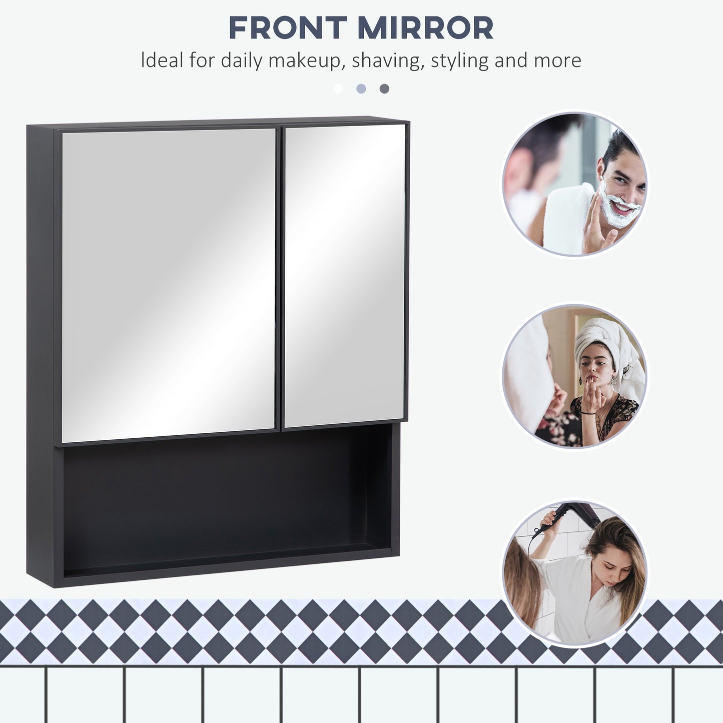 Wall-Mounted Medicine Cabinet, Bathroom Mirror Cabinet With Double Doors And Storage Shelves, Black
