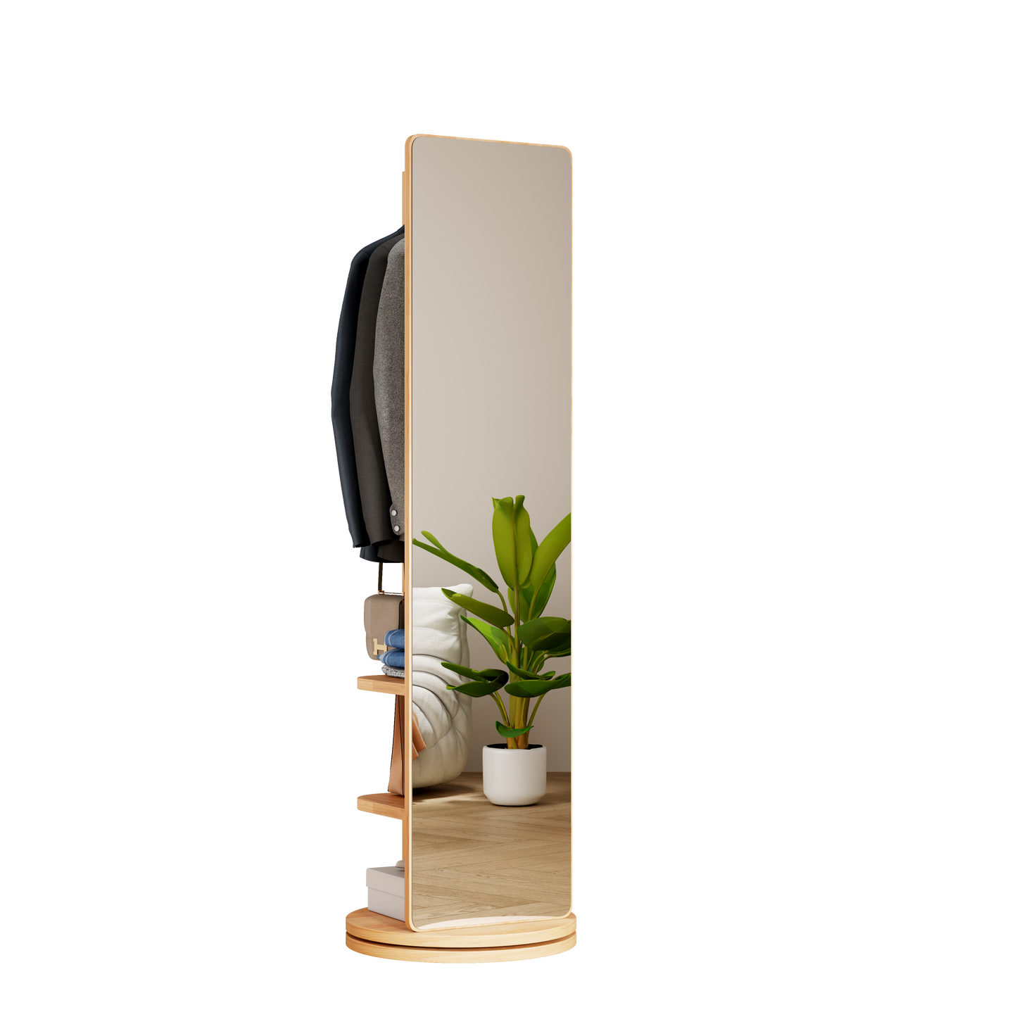 360 Rotating 69x16 Multifunctional Full Length Mirror With Hook Storage Rack Coat Rack With Mirror Solid Wood Floor Mirror Bedroom Living Room Cloakroom Space Saving Natural Wood
