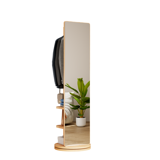 360 Rotating 69x16 Multifunctional Full Length Mirror With Hook Storage Rack Coat Rack With Mirror Solid Wood Floor Mirror Bedroom Living Room Cloakroom Space Saving Natural Wood
