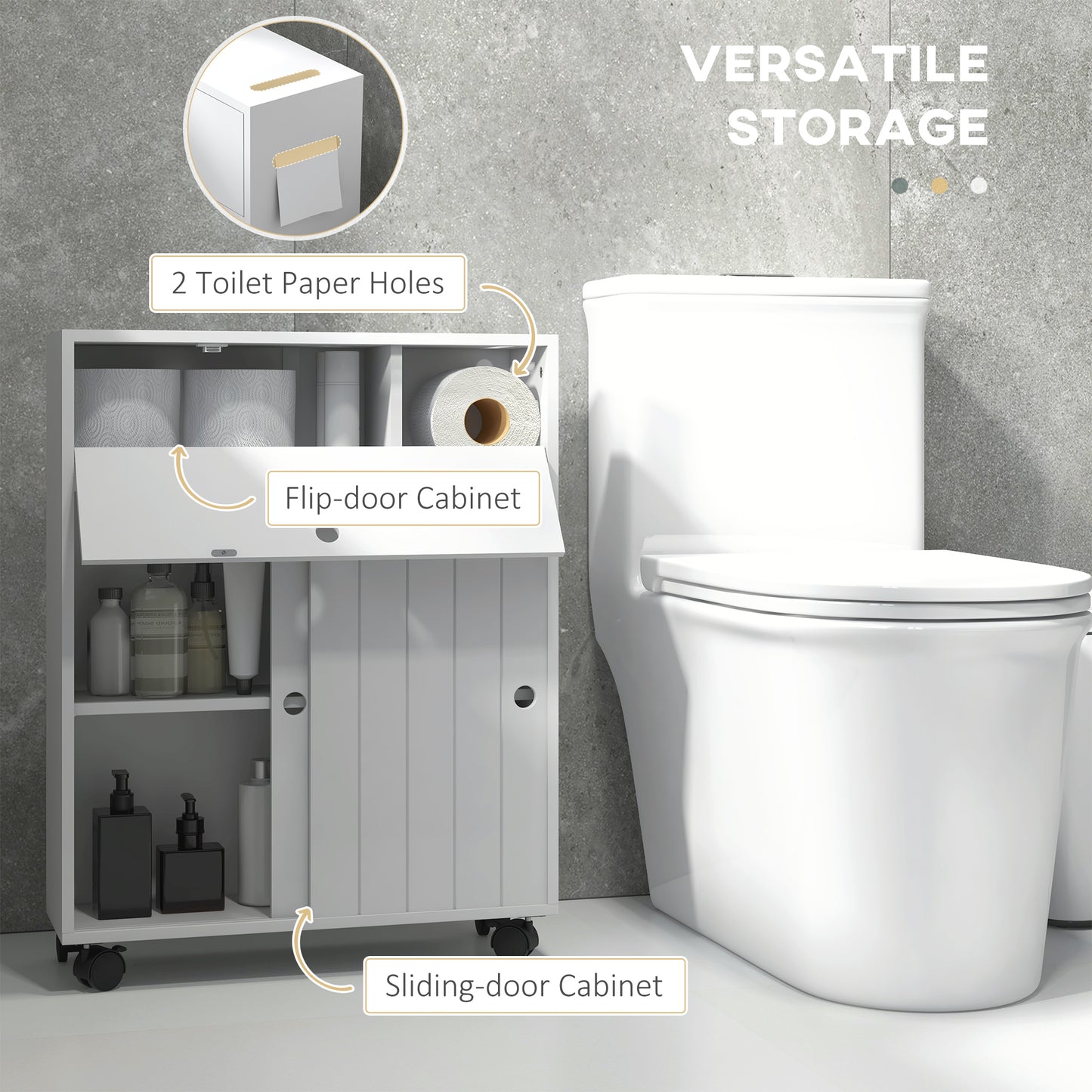 Toilet Paper Cabinet, Slim Bathroom Cabinet with 4 Rolling Wheels, Small Bathroom Storage Cabinet with Paper Holes, Sliding Doors and Adjustable Shelf for Small Space, White