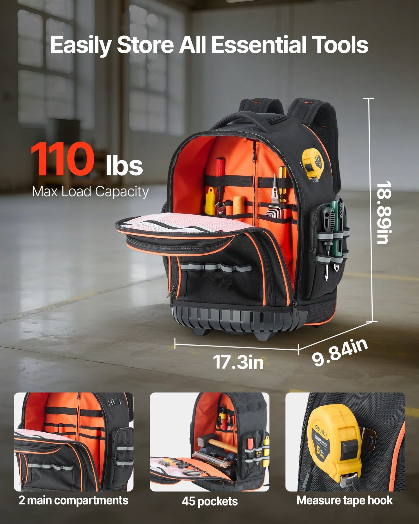 Rolling Tool Backpack, 110 Lbs Load Capacity, 45 Pockets Heavy Duty Roller Tool Bag On Wheels, Adjustable Telescoping Handle & Stable Base, Toolbag Organizers For Construction, Mechanic