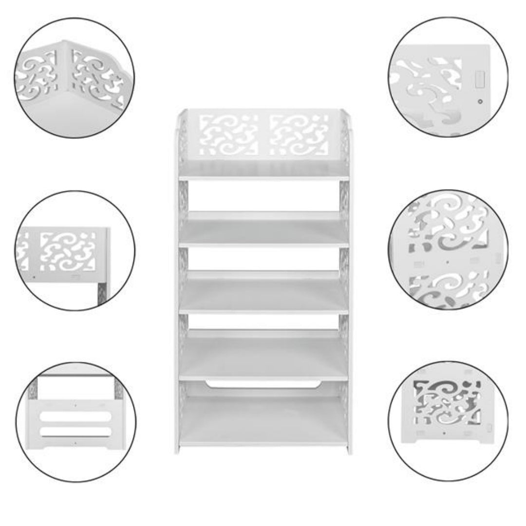 Wood-plastic Board Five Tiers Carved Shoe Rack White A