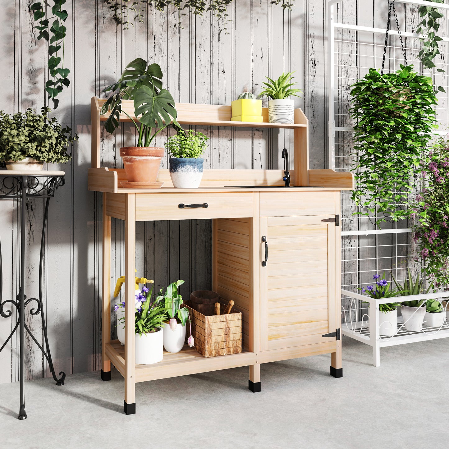 Potting Bench Table with Sink, Outdoor Work Bench Table with Storage Cabinet, Hooks, Removable Sink, Faucet and Drawer for Greenhouse, Garden, Patio, Natural Wood