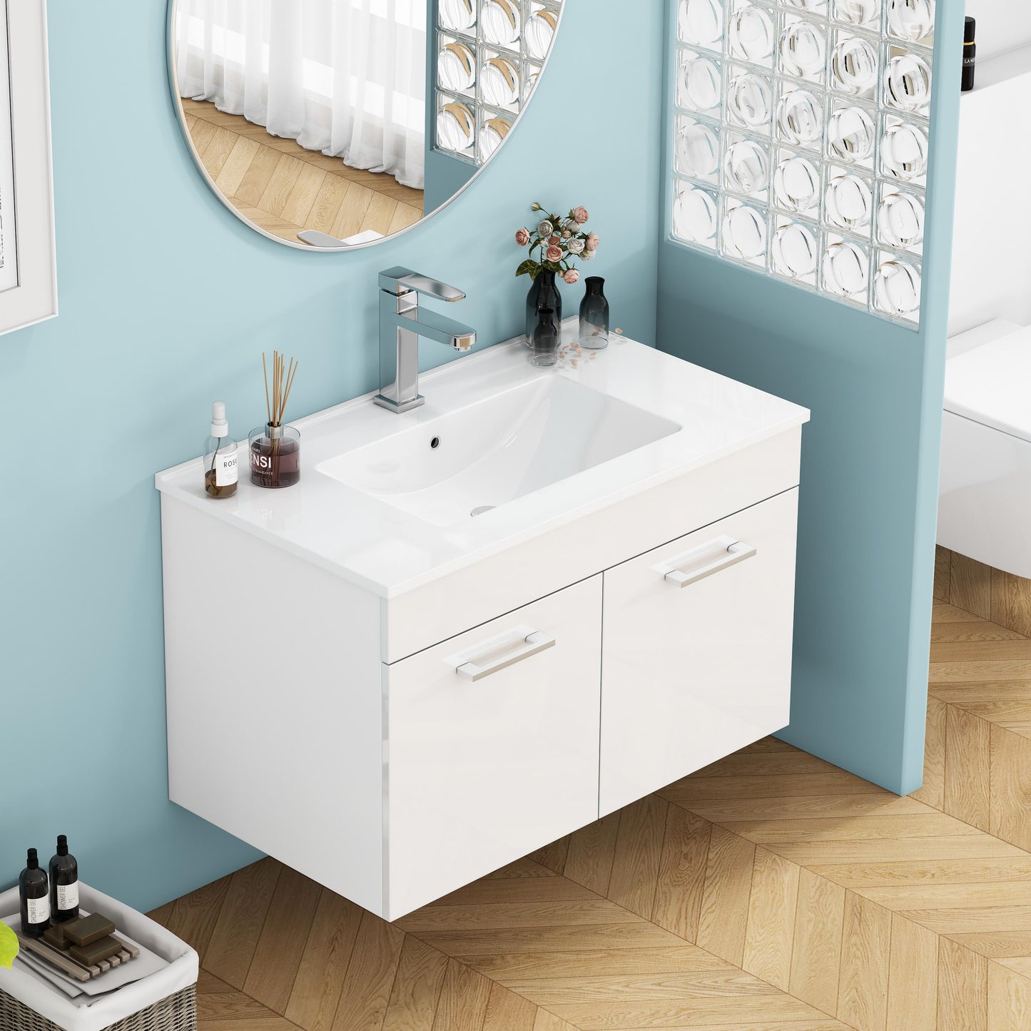 32-Inch Bathroom Vanity With Sink Combo,Wall-Mounted Bathroom Vanity With Double Doors, Wall Mount Bathroom Cabinet,,Soft Close Hinges,Long Metal Handles,Ceramic Basin,Glossy White