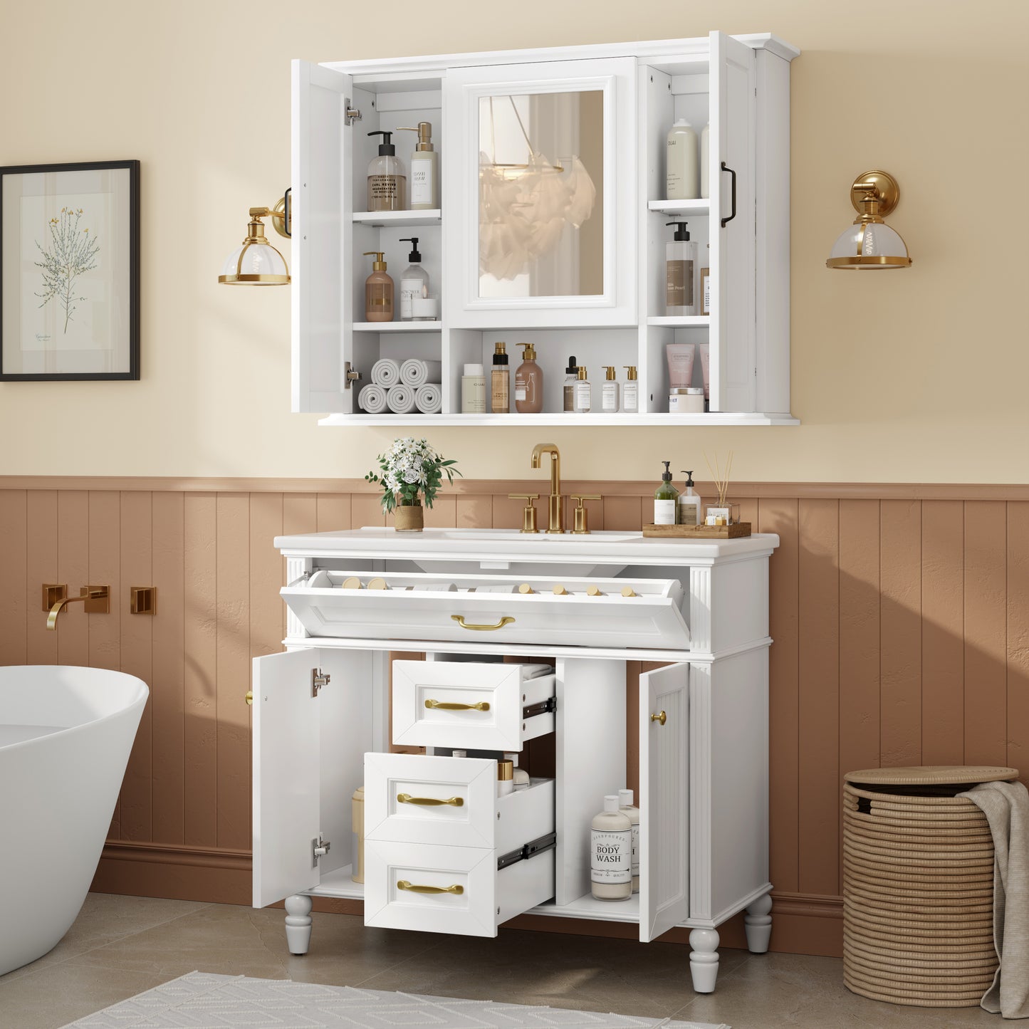 36 Medicine Cabinet, Wall Mounted Bathroom Storage Cabinet, Modern Bathroom Wall Cabinet With Mirror, Mirror Cabinet With 3 Doors Not Include Bathroom Vanity