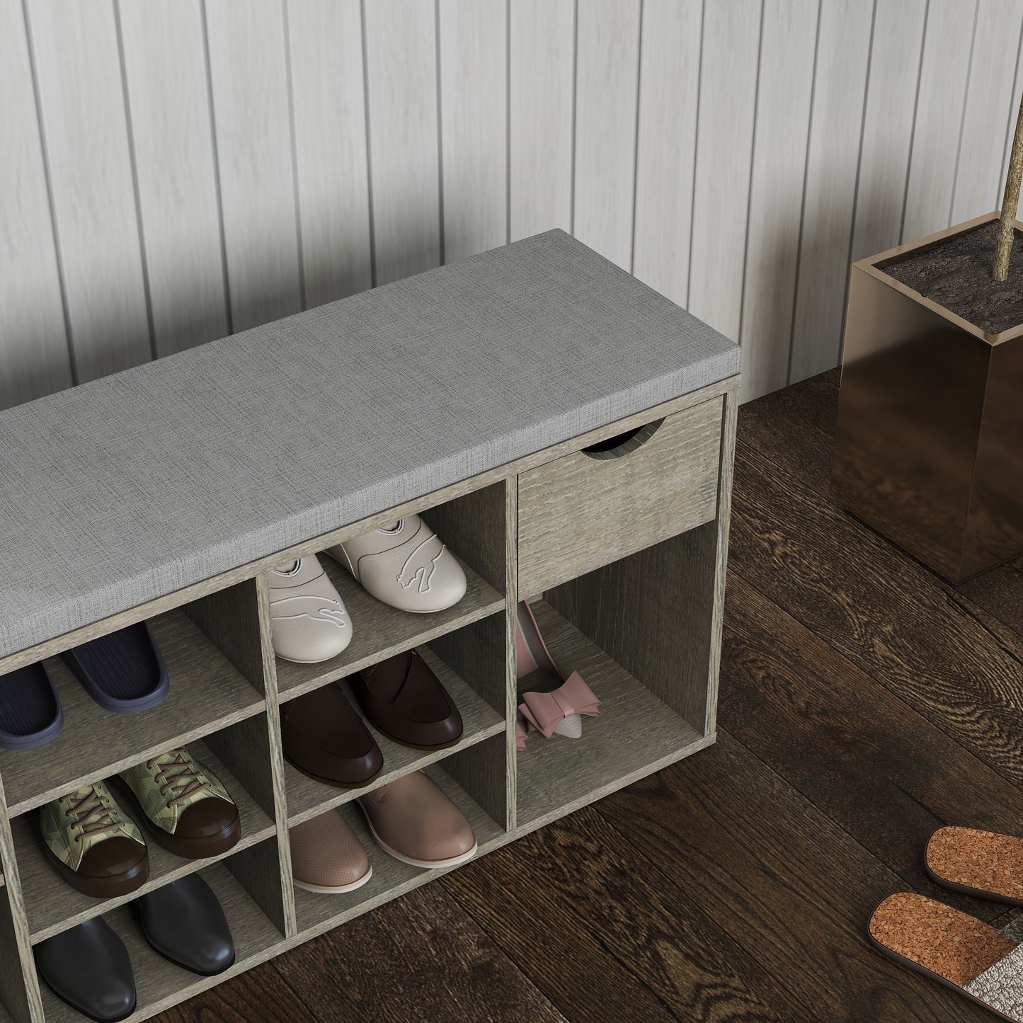 Storage Bench, Shoe Bench, Entryway Bench With Padded Cushion, Drawer And Open Compartments, Bench With Storage, 3 Tier Shoe Rack Bench