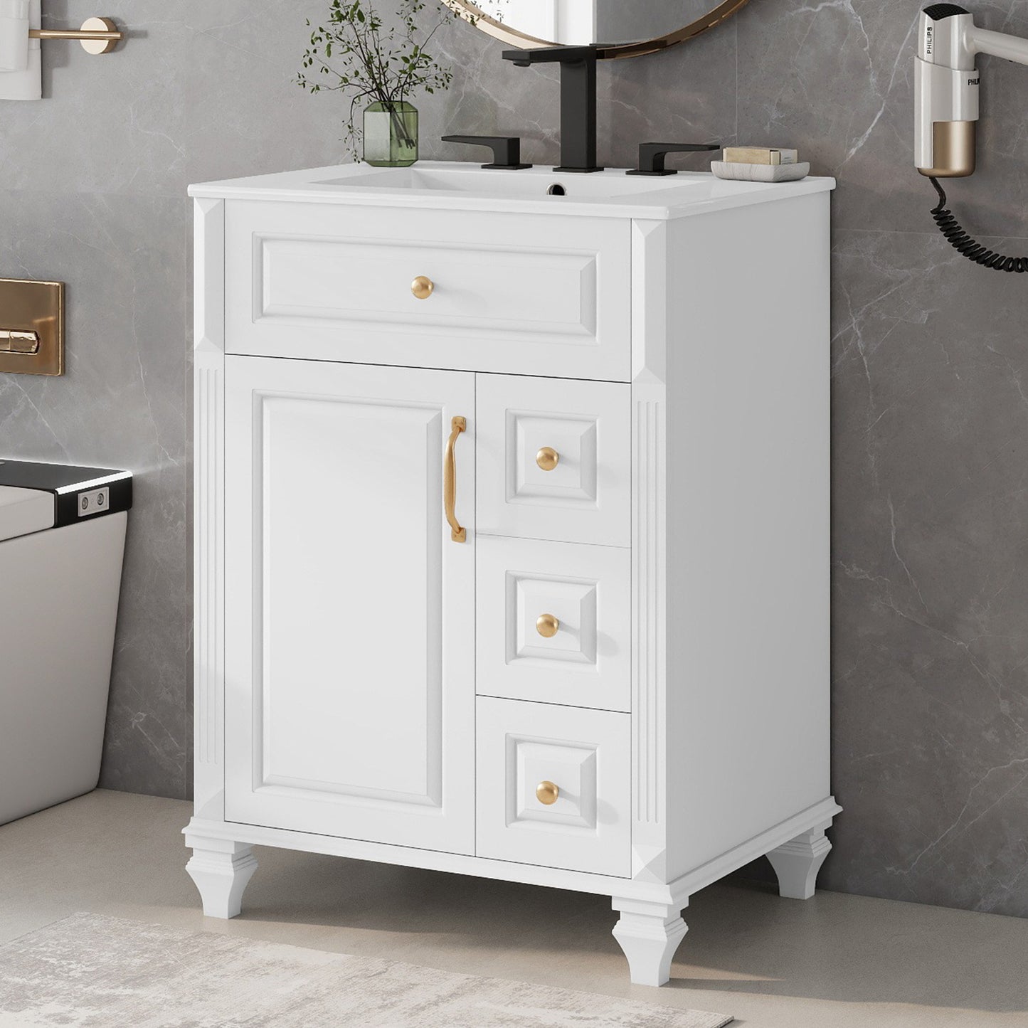 24 Inch Bathroom Vanity With Sink, White Freestanding Vanity Cabinet With Flip-Out Drawer, 3 Drawers & Storage Cabinet, Solid Wood & MDF, Ceramic Sink Top