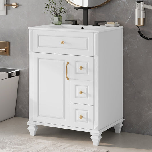 24 Inch Bathroom Vanity With Sink, White Freestanding Vanity Cabinet With Flip-Out Drawer, 3 Drawers & Storage Cabinet, Solid Wood & MDF, Ceramic Sink Top