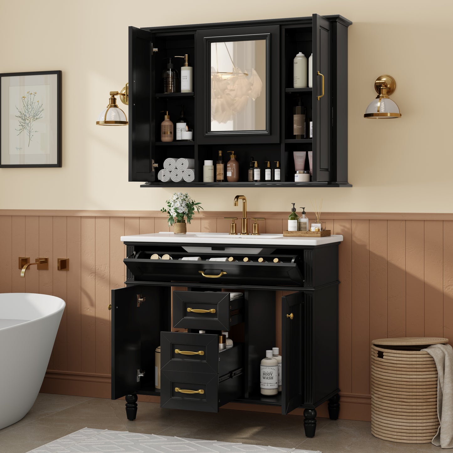 36 Medicine Cabinet, Wall Mounted Bathroom Storage Cabinet, Modern Bathroom Wall Cabinet With Mirror, Mirror Cabinet With 3 Doors Not Include Bathroom Vanity