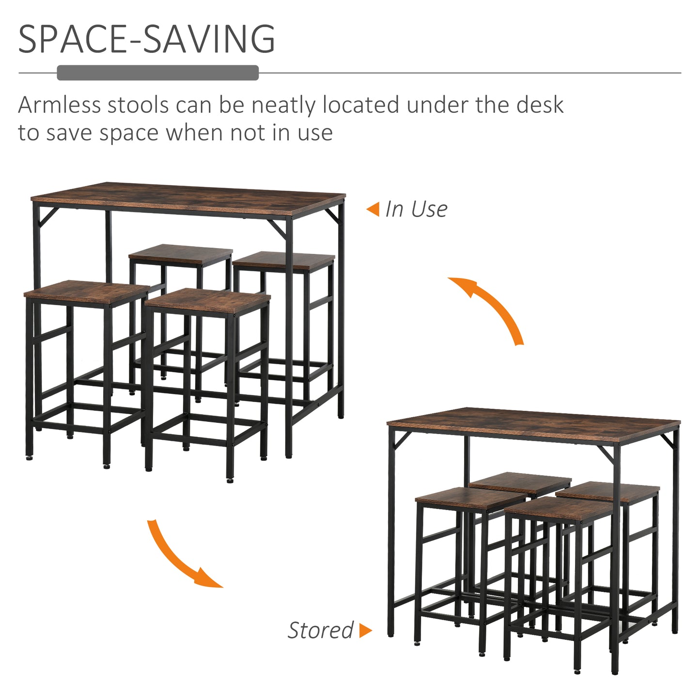 5-Piece Industrial Dining Table Set, Bar Table & 4 Stools Set, Space Saving For Pub & Kitchen, Rustic Brown/Black
