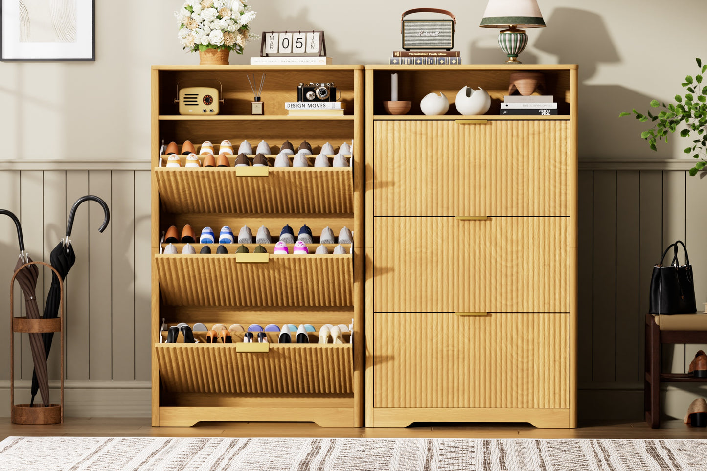 Shoe Cabinet Storage For Entryway Hidden Shoes Storage Cabinet With 3 Flip Drawers, Tall Free Standing Shoe Organizer Rack For Foyer, Hallway. Natural,31.6  L X 9.6  W X 54.4  H.
