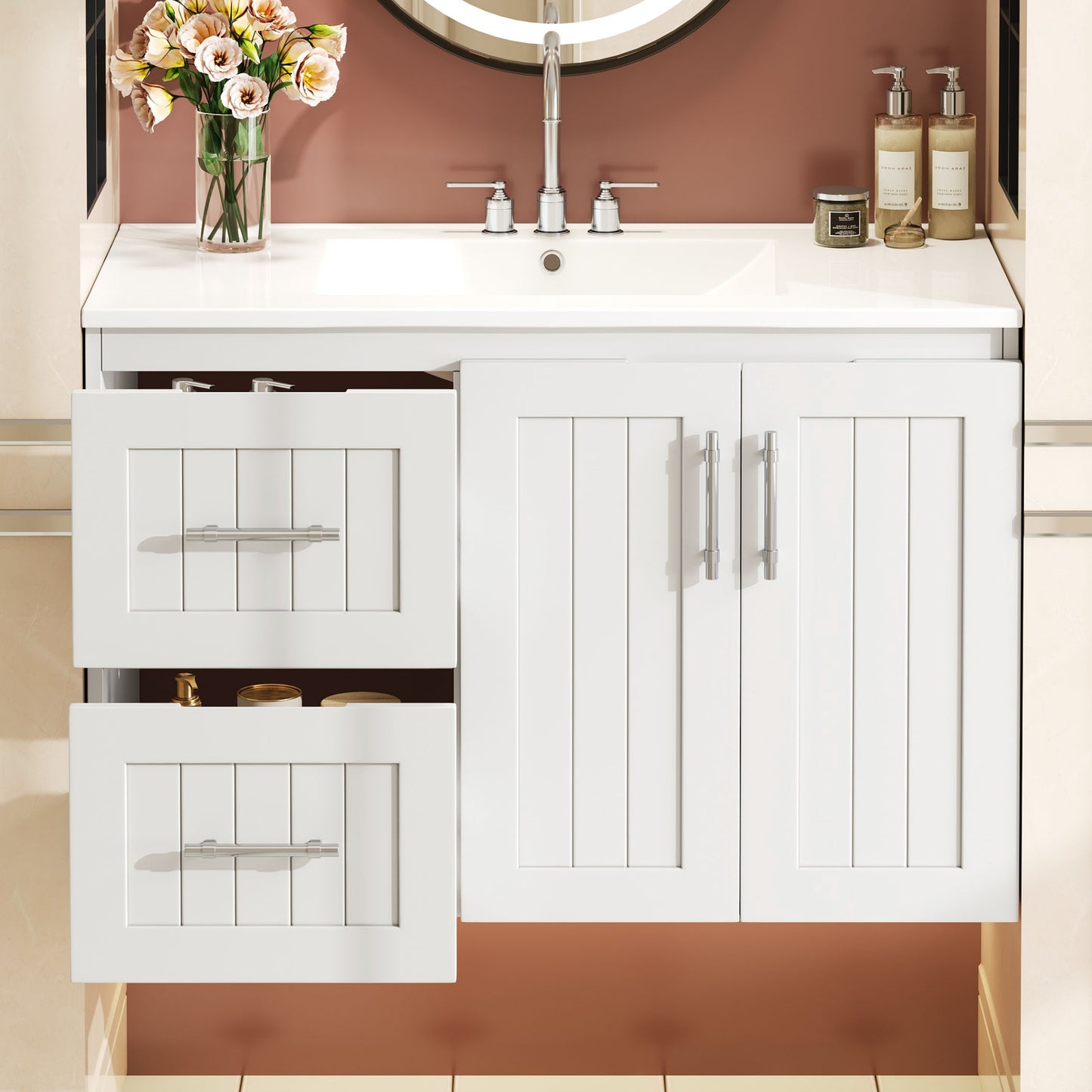 36'' Wall Mounted Bathroom Vanity, Floating Bathroom Storage Cabinet With 2 Drawers, 3 Holes Single Ceramic Sink, Modern Cabinet With Adjustable Shelf