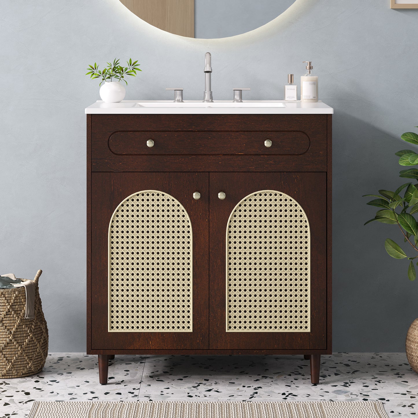 30 Bathroom Vanity With Ceramic Sink, Solid Wood Frame Bathroom Sink Cabinet With Adjustable Shelf, Tip-Drawer, Rattan Front Panels