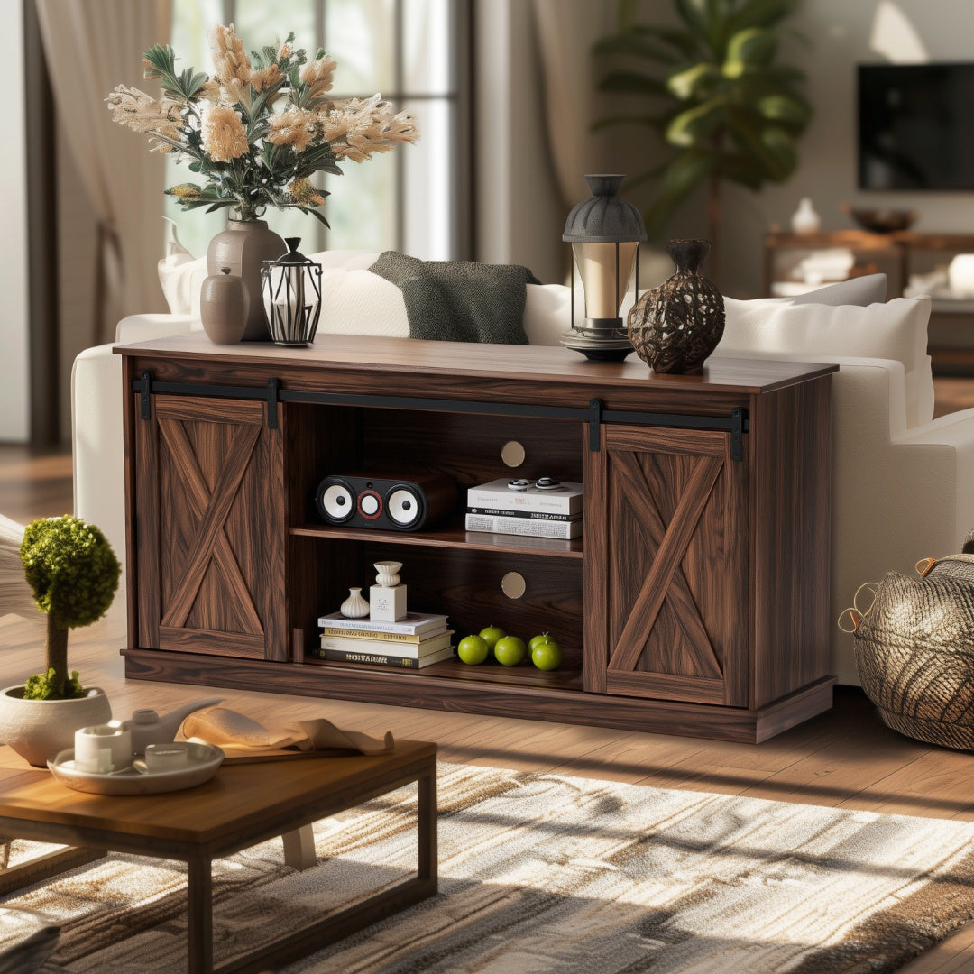 65-inch Solid Wood TV Cabinet With Double-layer Storage Space Sliding Door, Modern Living Room Furniture