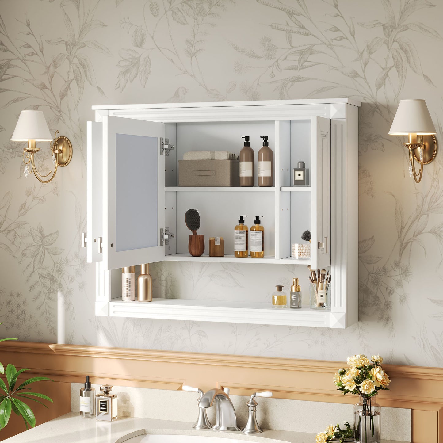 35inch Bathroom Wall Cabinet With Mirror, Wall Mounted Medicine Cabinet With Open Shelf, Mirrored Door Over Toilet Storage Cabinet, White