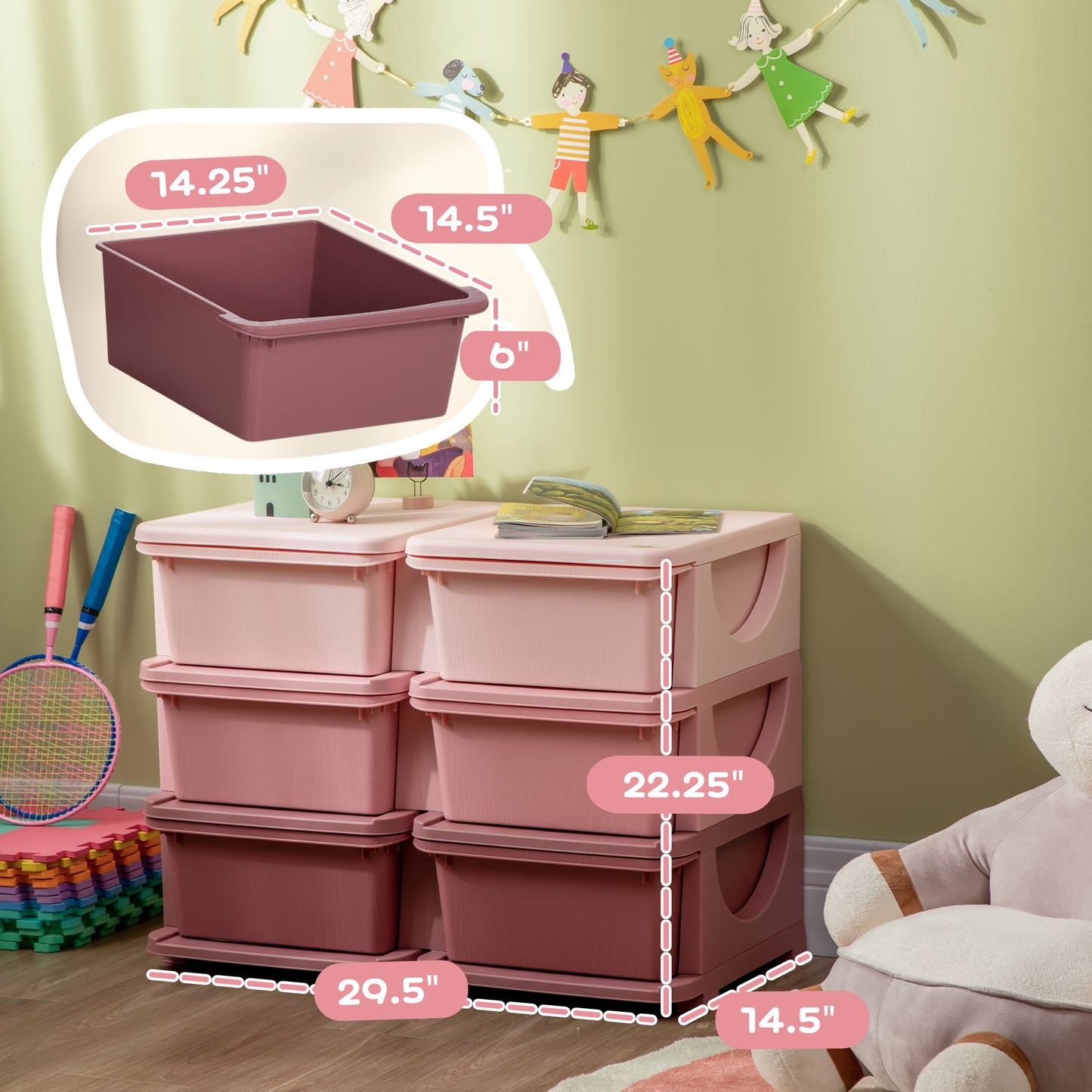 3 Tier Kids Storage Unit, Toy Organizers And Storage With 6 Drawer Chest For Kids Bedroom Nursery Kindergarten Living Room For Boys Girls Toddlers, Pink
