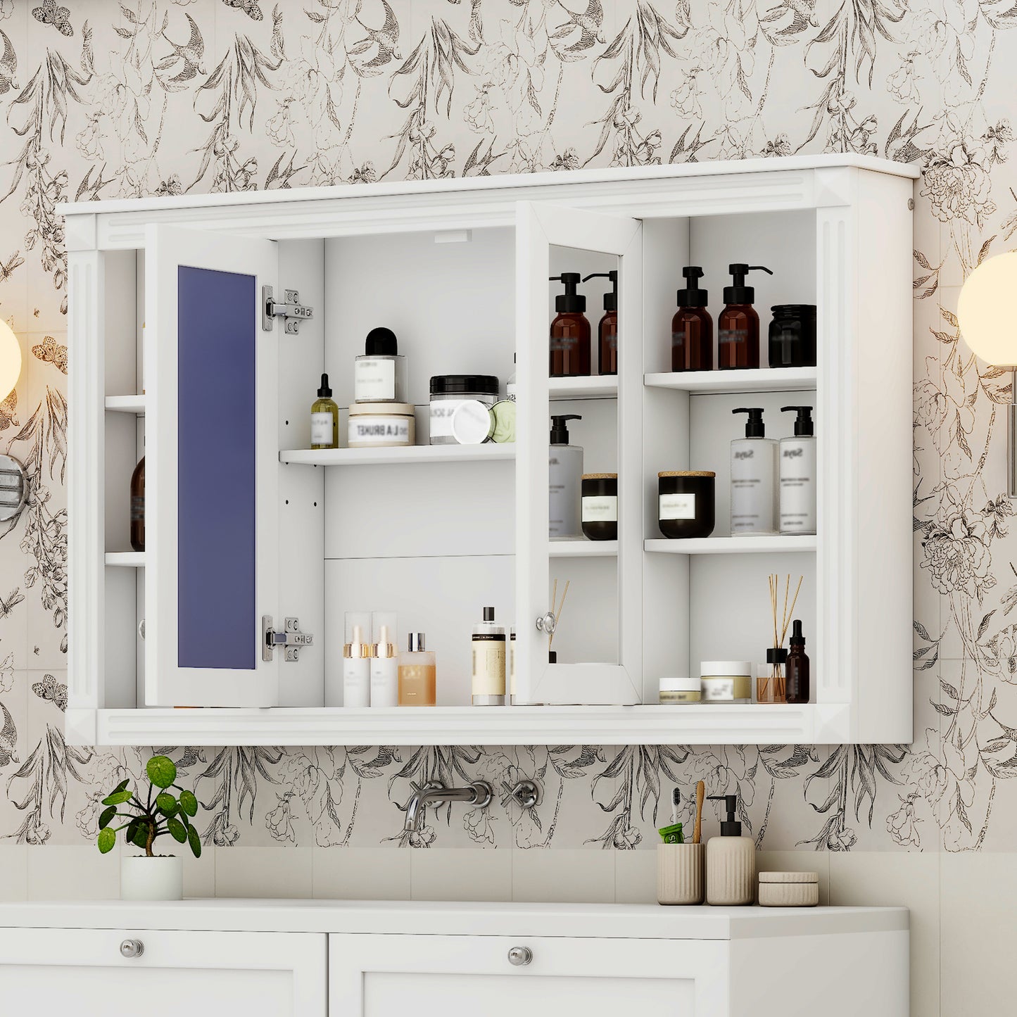 47 Inch Bathroom Mirror Cabinet With Storage, Adjustable Shelf And Open Shelves, Wall Mounted Medicine Cabinet For Bathroom, Bedroom, Vanity