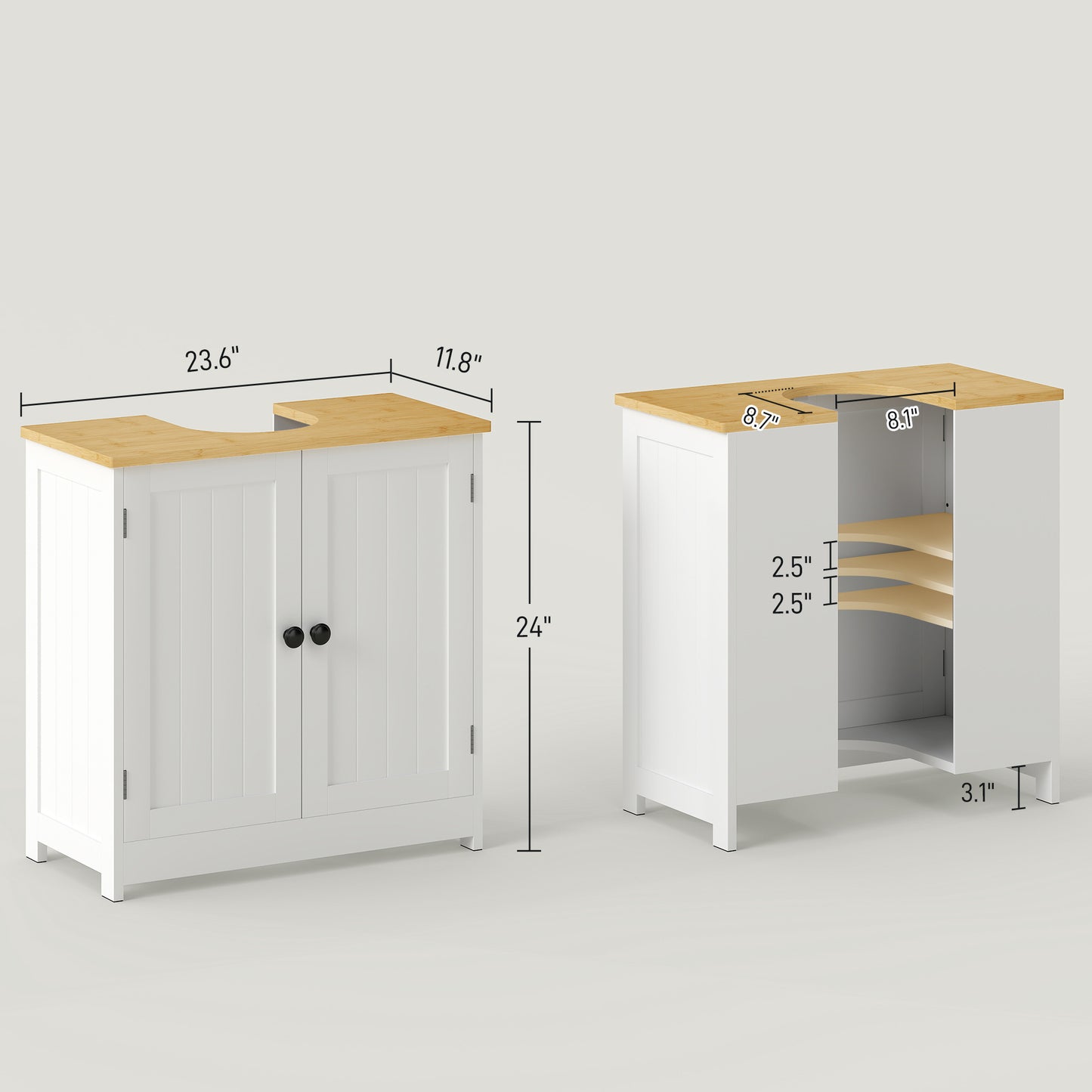 Bathroom Vanities Under Sink Storage Cabinet Cupboard with 2 Doors, 23.5" x 11.75" x 24", White