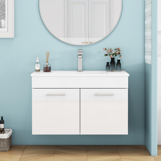 32-Inch Bathroom Vanity With Sink Combo,Wall-Mounted Bathroom Vanity With Double Doors, Wall Mount Bathroom Cabinet,,Soft Close Hinges,Long Metal Handles,Ceramic Basin,Glossy White