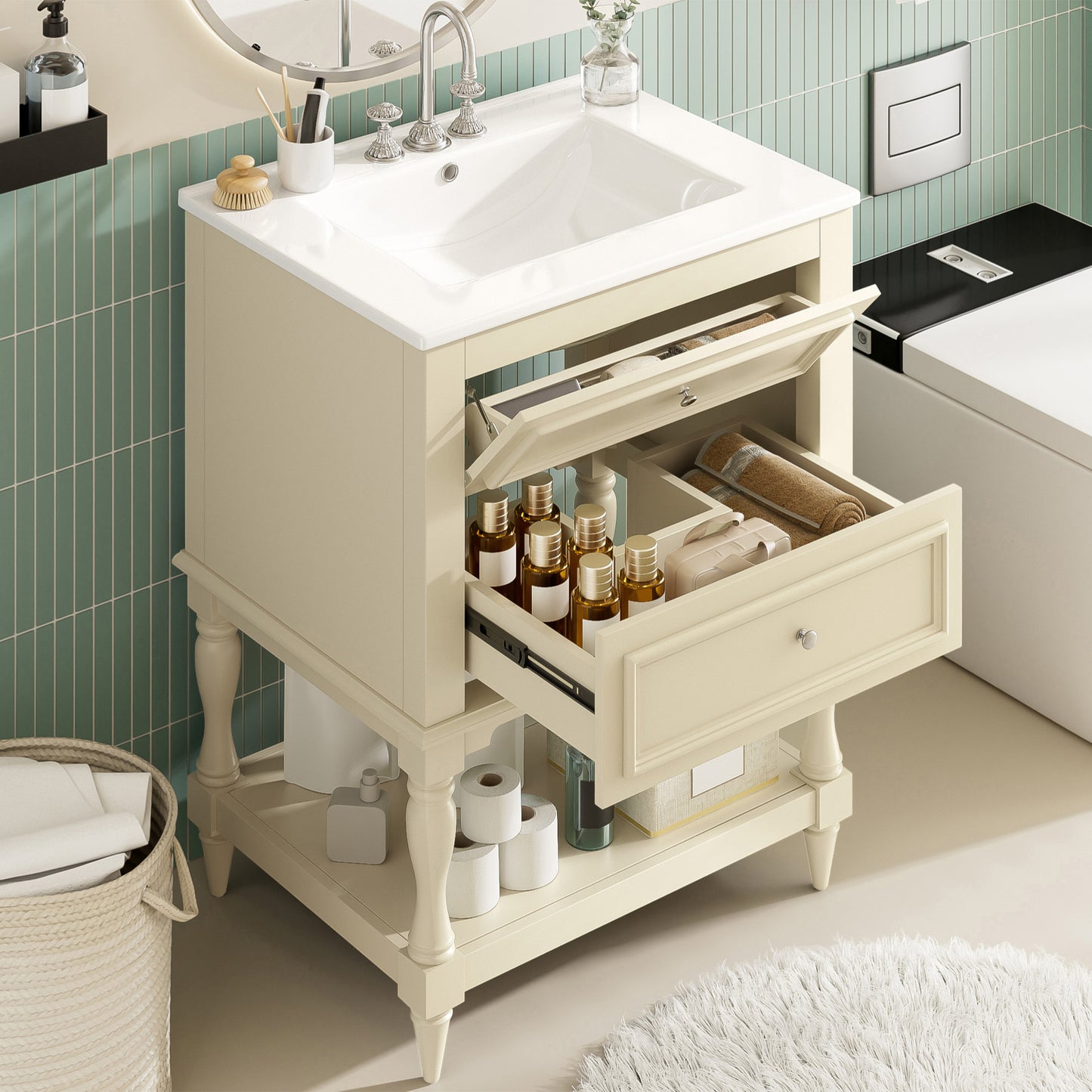 24'' Bathroom Vanity With Ceramic Sink, Bathroom Storage Cabinet With Open Shelf , Retro Design Bathroom Cabinet With 2 Drawers