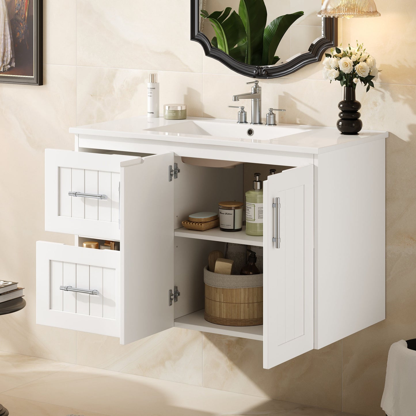 36'' Wall Mounted Bathroom Vanity, Floating Bathroom Storage Cabinet With 2 Drawers, 3 Holes Single Ceramic Sink, Modern Cabinet With Adjustable Shelf