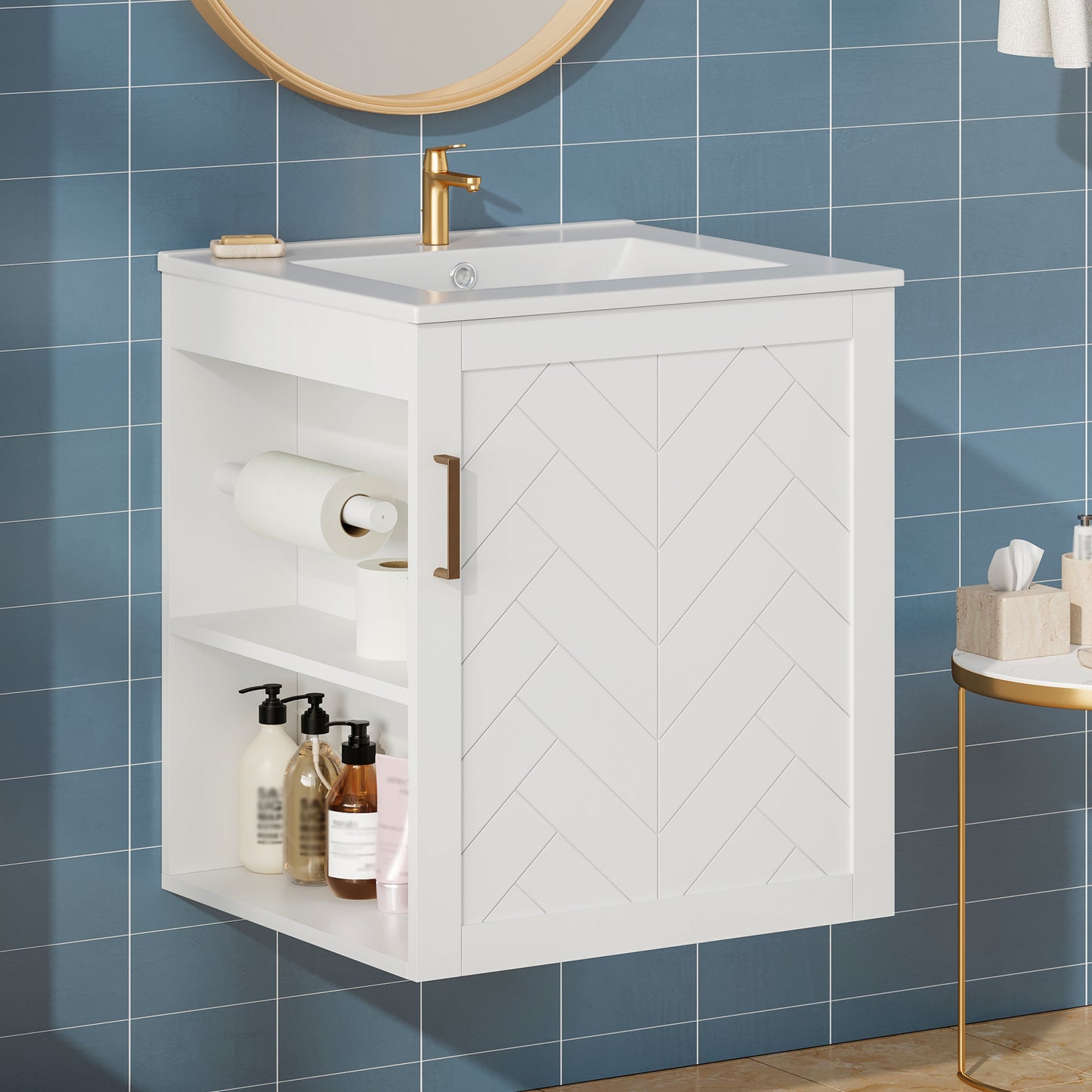 20 Wall Mounted Bathroom Cabinet With Side Cabinet Combo, Bathroom Cabinet With Soft-Closing Door, Modern Bathroom Vanity With Sink