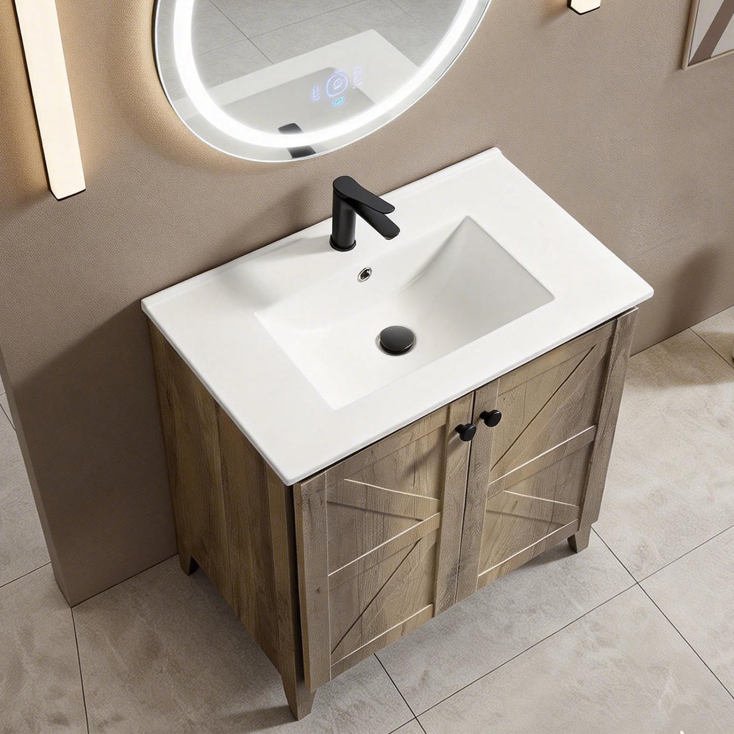 30inch Antique Grey Folding Floor Cabinet With Ceramic Sink  Patented 1-Minute Install  Space-Saving & Easy Assemble American Style