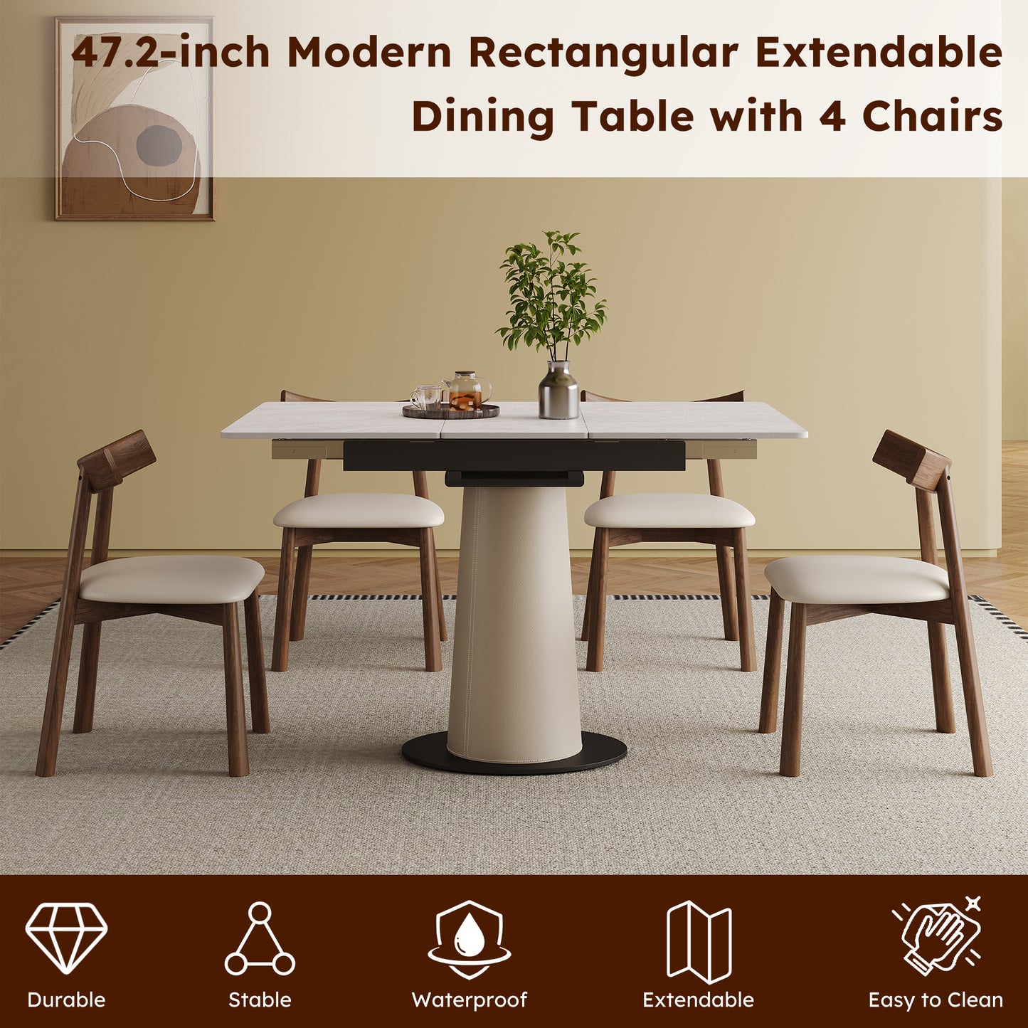 Retractable Rock Slab Dining Table Set  Modern 5-Piece Expandable Table With 4 Wooden Leg Chairs & Leather-Wrapped Base  Space Saving Kitchen Set For Small Apartments