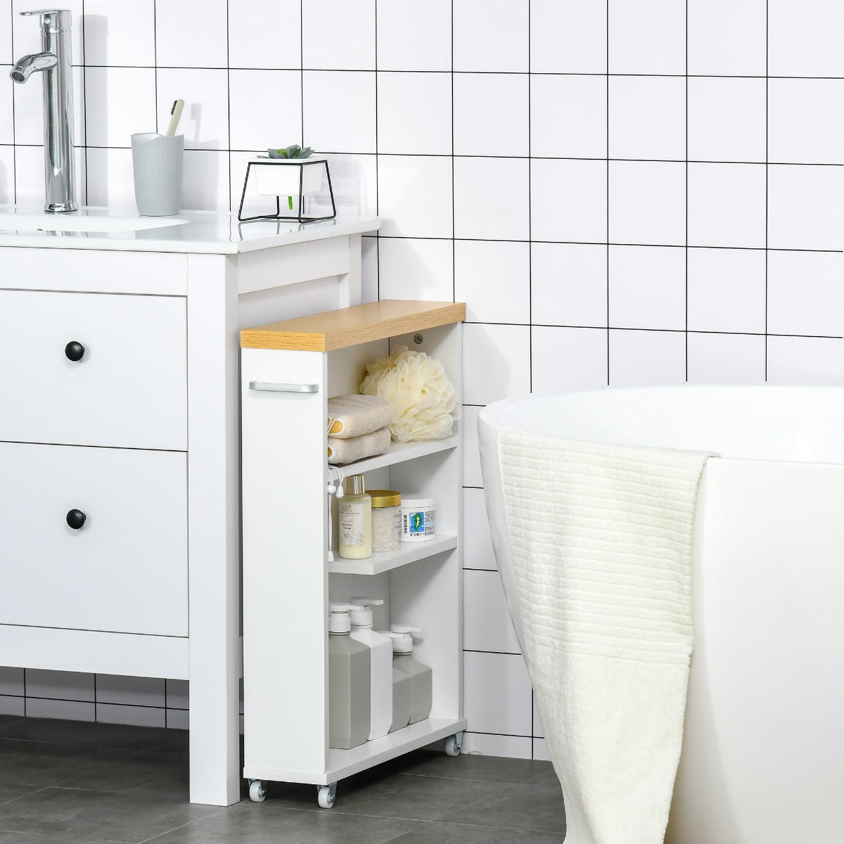 Slim Bathroom Cabinet with Castor Wheels Storage Organizer and Wood Shelves To Fit In Small Spaces, White