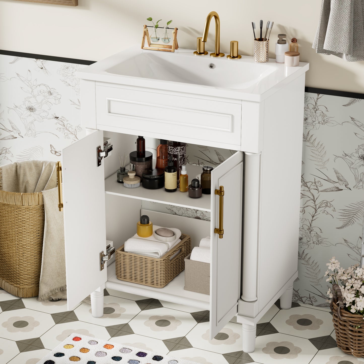 24 Bathroom Vanity With Integrated Ceramic Sink, Bathroom Cabinet With 2 Doors, Single Sink Bathroom Vanity For Small And Medium Restroom