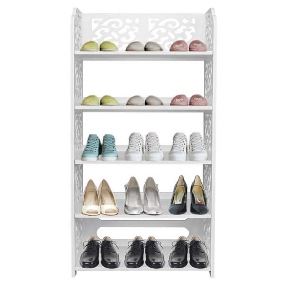 Wood-plastic Board Five Tiers Carved Shoe Rack White A