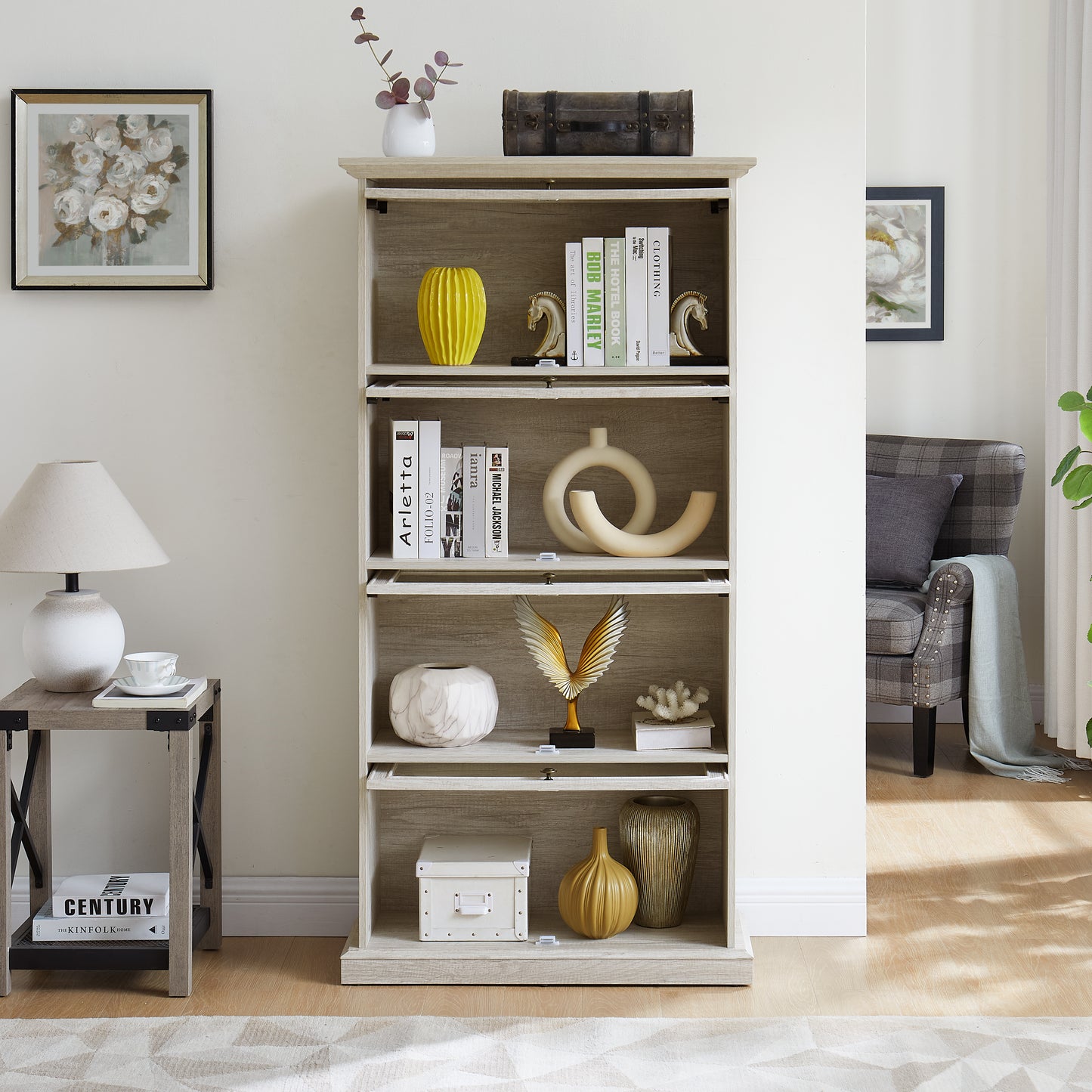 Glass Display Cabinet 4 Tier Glass Display Cabinet Storage Curio Cabinet With Flip Up Glass Doors, Collectors Showcase Toy  Organizers Rack, Bookcase For Living Room White