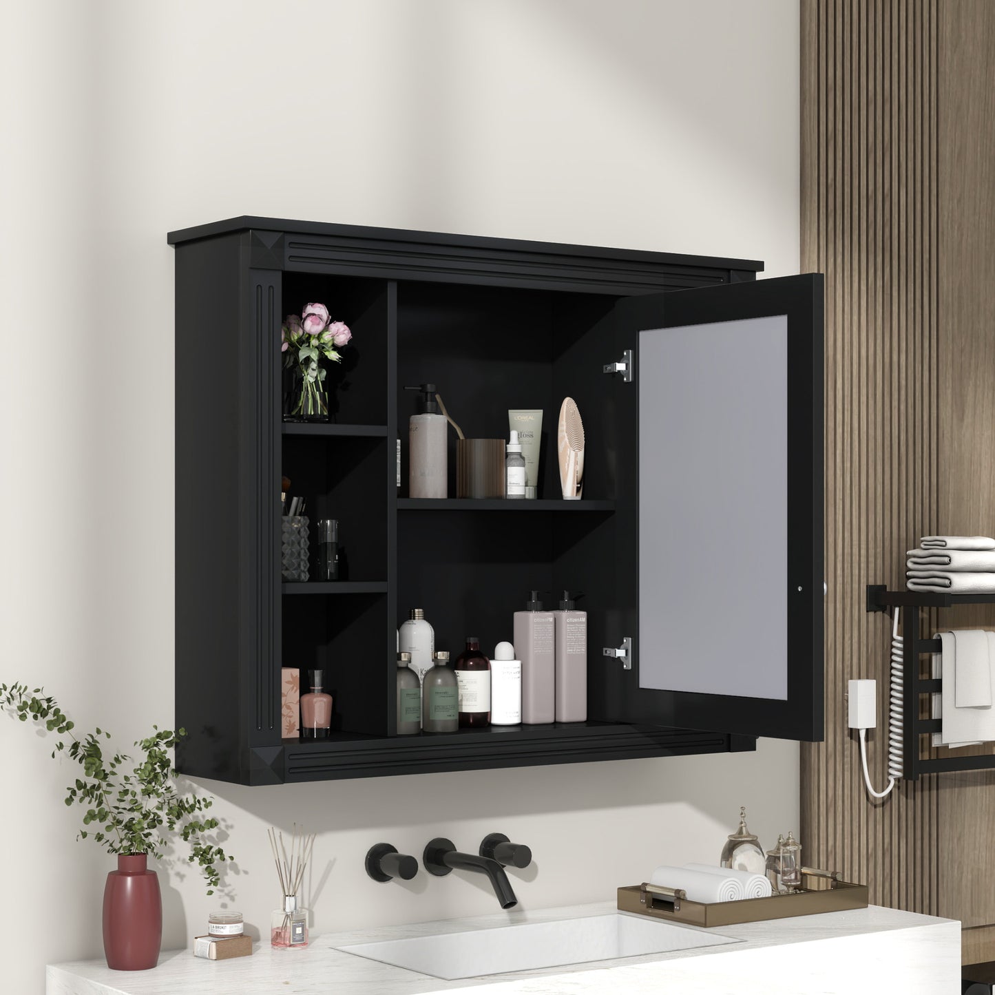 35 X 28 Wall Mounted Bathroom Storage Cabinet, Medicine Cabinet, Modern Bathroom Wall Cabinet With Mirror, Mirror Cabinet With 6 Open Shelves Not Include Bathroom Vanity