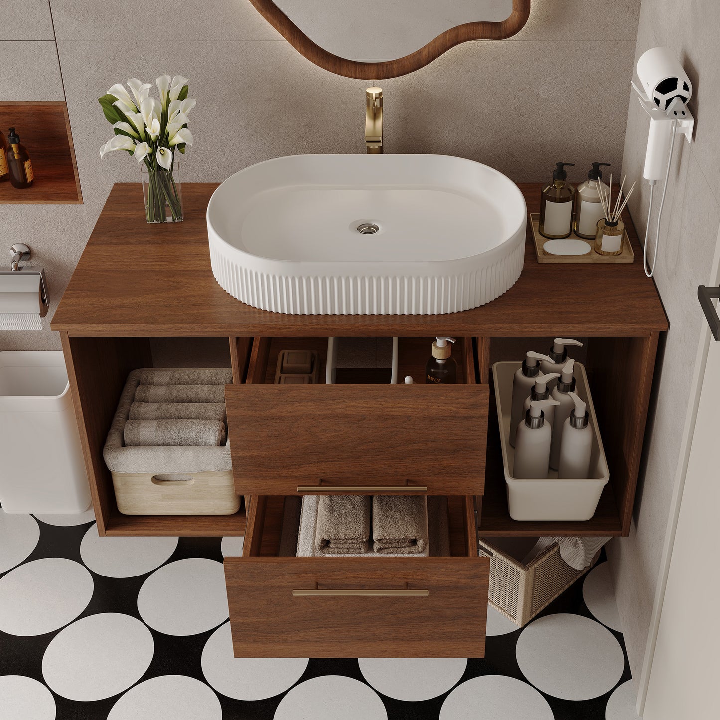 Modern 39.4 Wall-Mounted Bathroom Vanity With Oval Ceramic Sink Floating Vanity Multi-Layer Solid Wood Cabinet Soft-Close Drawers Open Shelf Storage