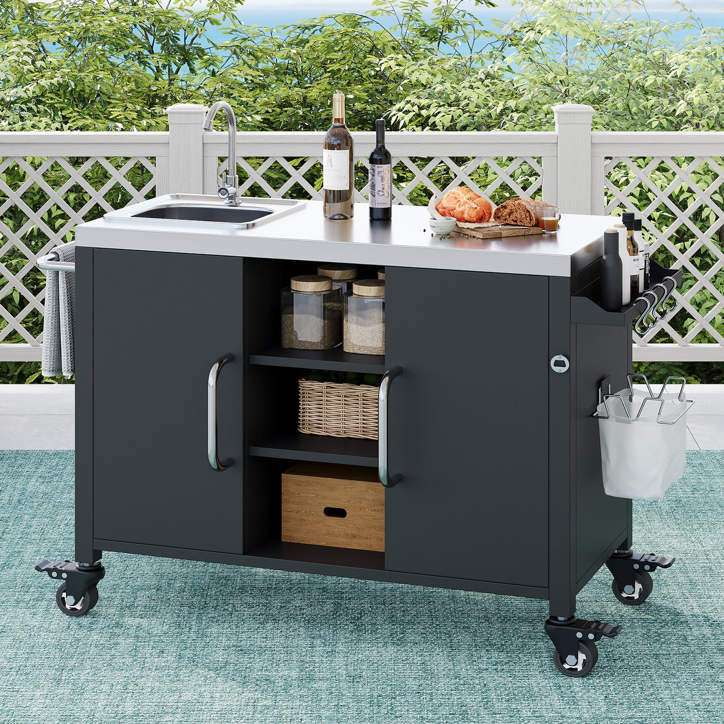 K&K 55.5  Outdoor Kitchen Island With Sink, Metal Grill Cart Table With 304 Stainless Steel Sink, Outdoor Bar Cart Sink Station With 4 Lockable Wheels For Pizza Prep & BBQ, L 55.5  X W 20  H 36.7