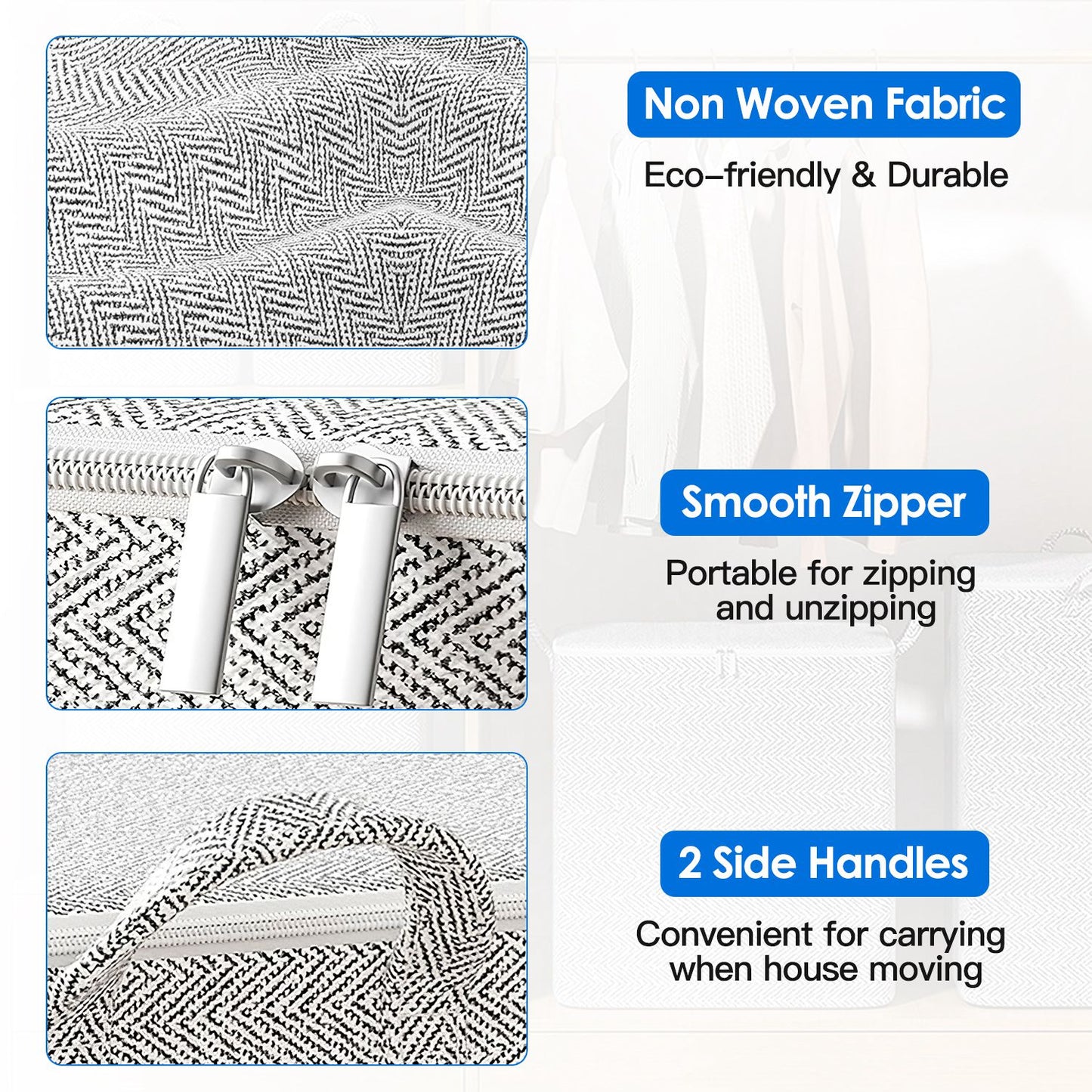 4 Pack Foldable Non Woven Storage Bags Closet Organizers Wardrobe Sorting Baskets With 2 Handles Dustproof Lid Zipper For Clothes Quilt 30L 110L 150L 220L