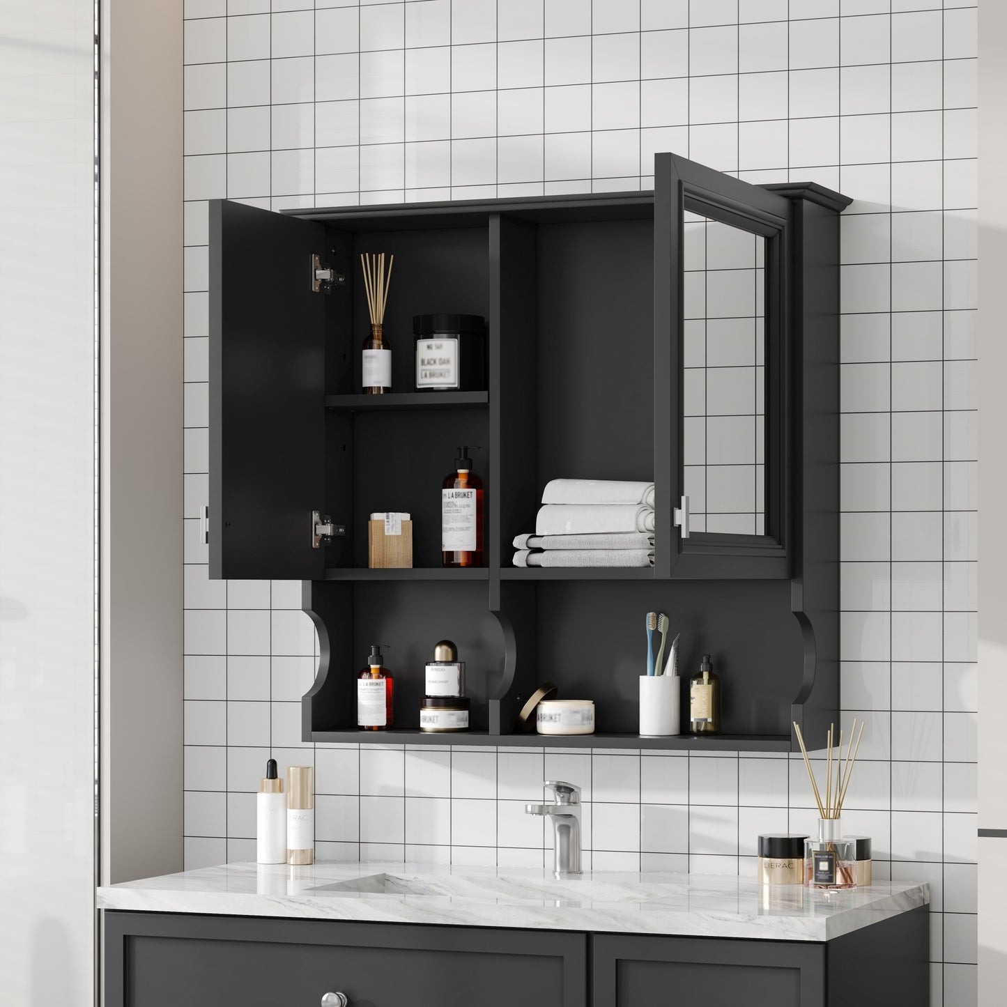 30 Inch Mirror Medicine Cabinet With Open Shelves, Wall Mounted Home Storage With Doors & Mirror, Adjustable Shelf, Bathroom Storage Cabinet Over Toilet