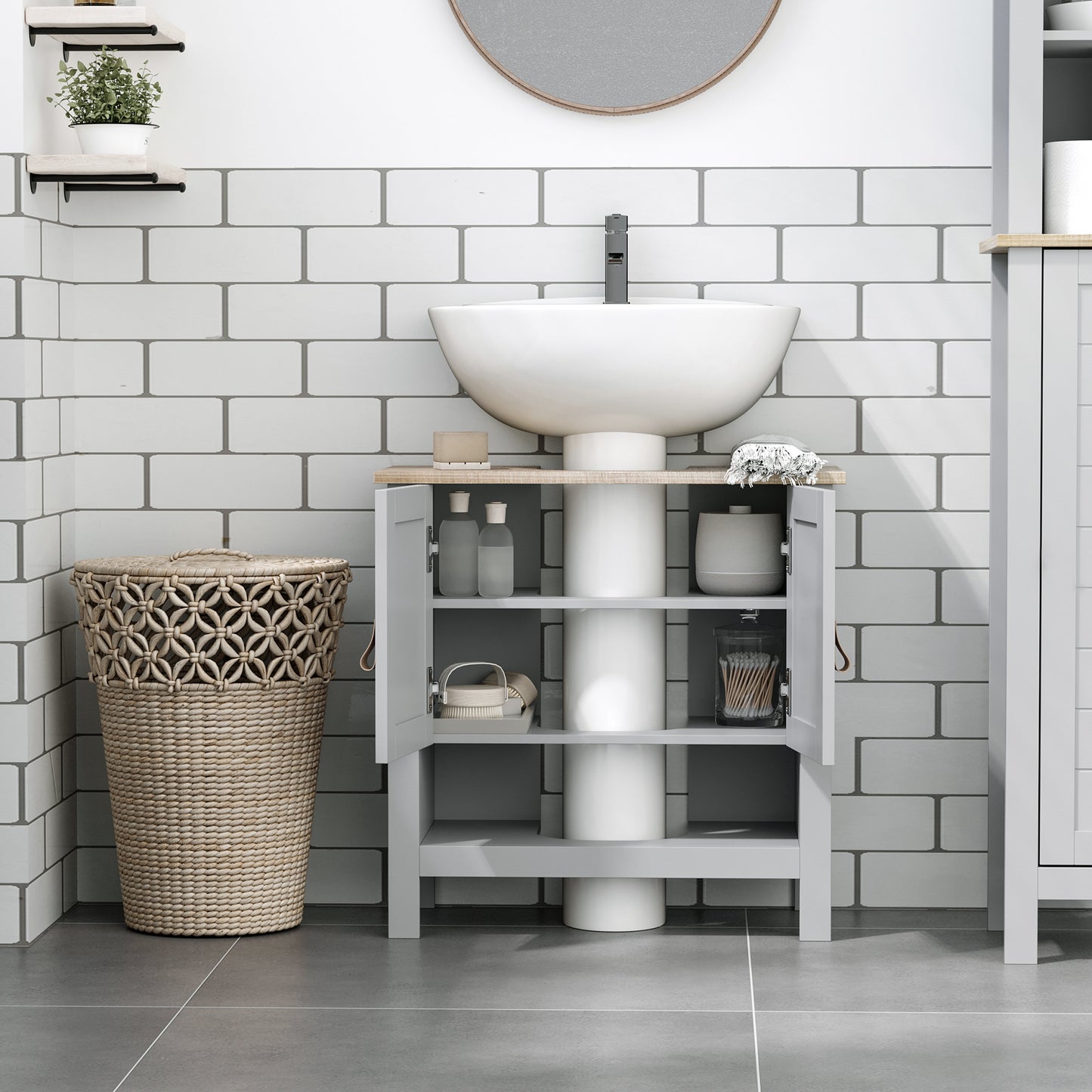 Pedestal Sink Storage Cabinet, Under Sink Cabinet, Bathroom Vanity Cabinet With Adjustable Shelf And Open Bottom Shelf, Gray