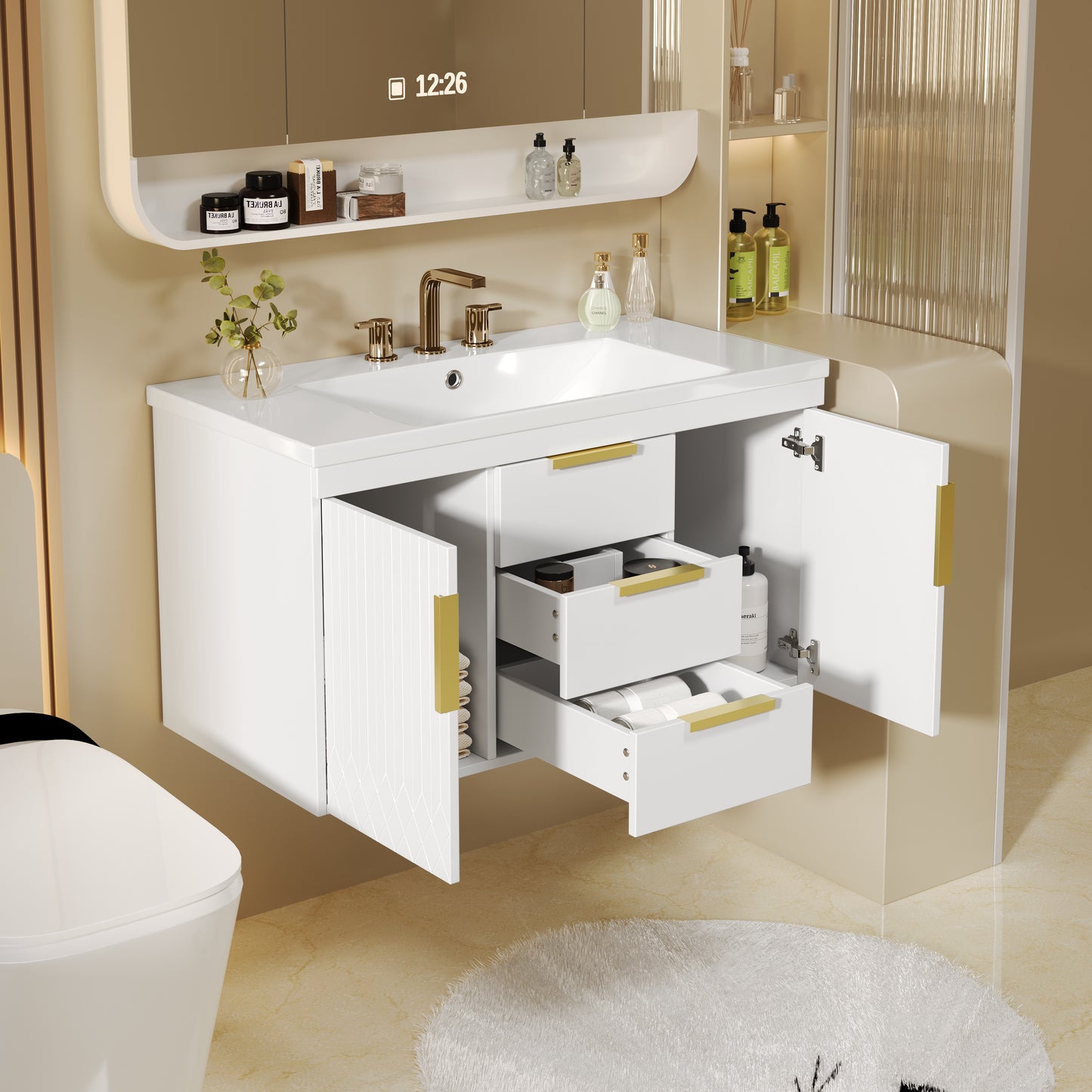 36 Wall Mounted Bathroom Vanity, Floating Bathroom Storage Cabinet With 2 Drawers, Solid Wood Bathroom Cabinet