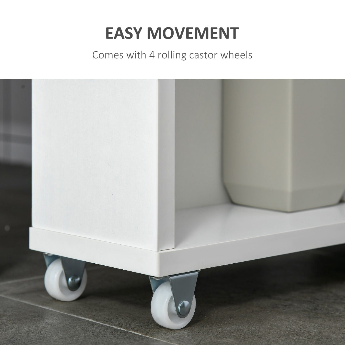 Slim Bathroom Cabinet with Castor Wheels Storage Organizer and Wood Shelves To Fit In Small Spaces, White