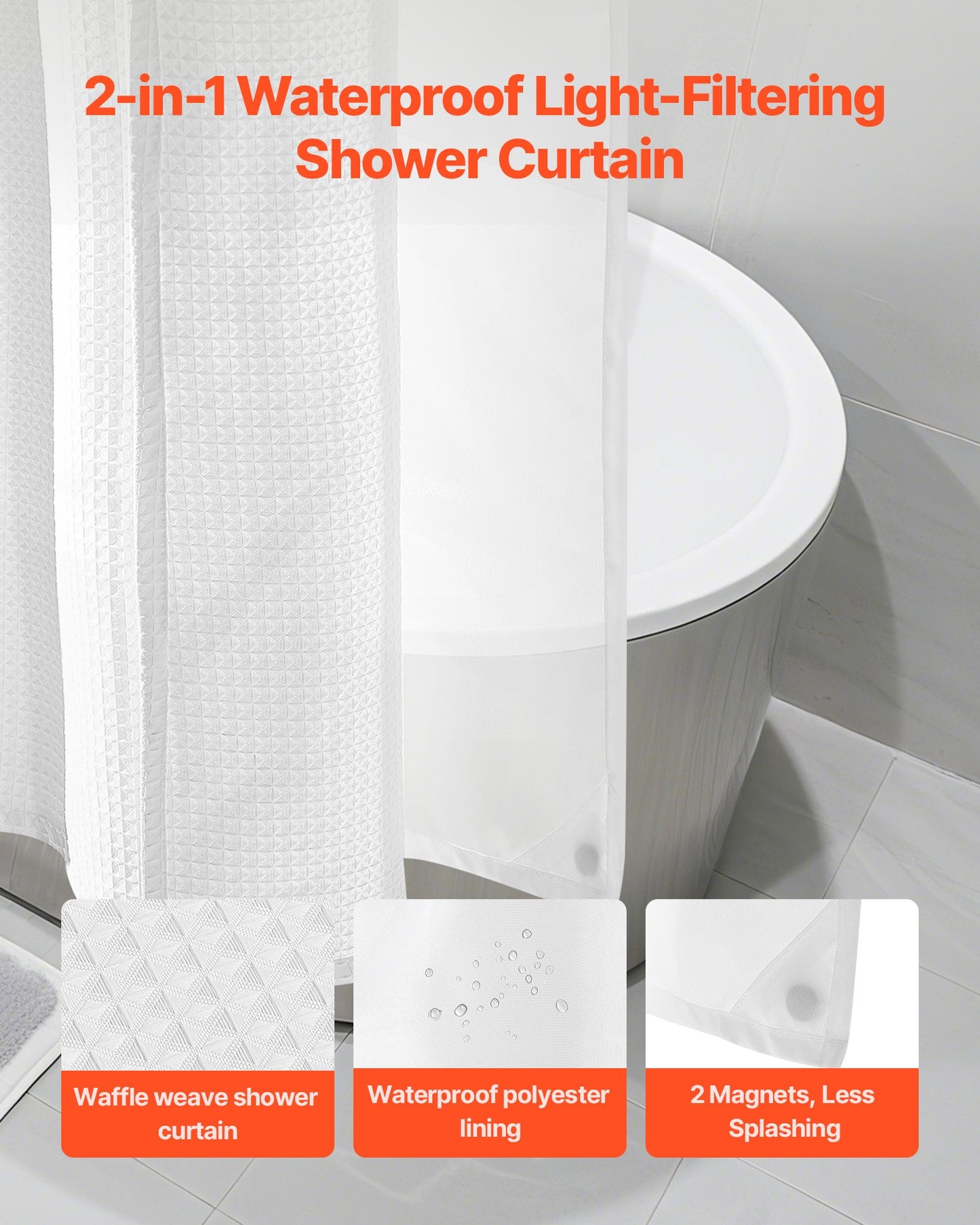 No Hook Shower Curtain, 2-in-1 Waterproof Waffle Weave Shower Curtains, 240 GSM Curtain With Snap-in Liner, See-Through Window, And Magnets, For Bathroom Showers & Bath Tubs, 74x71 In (White)