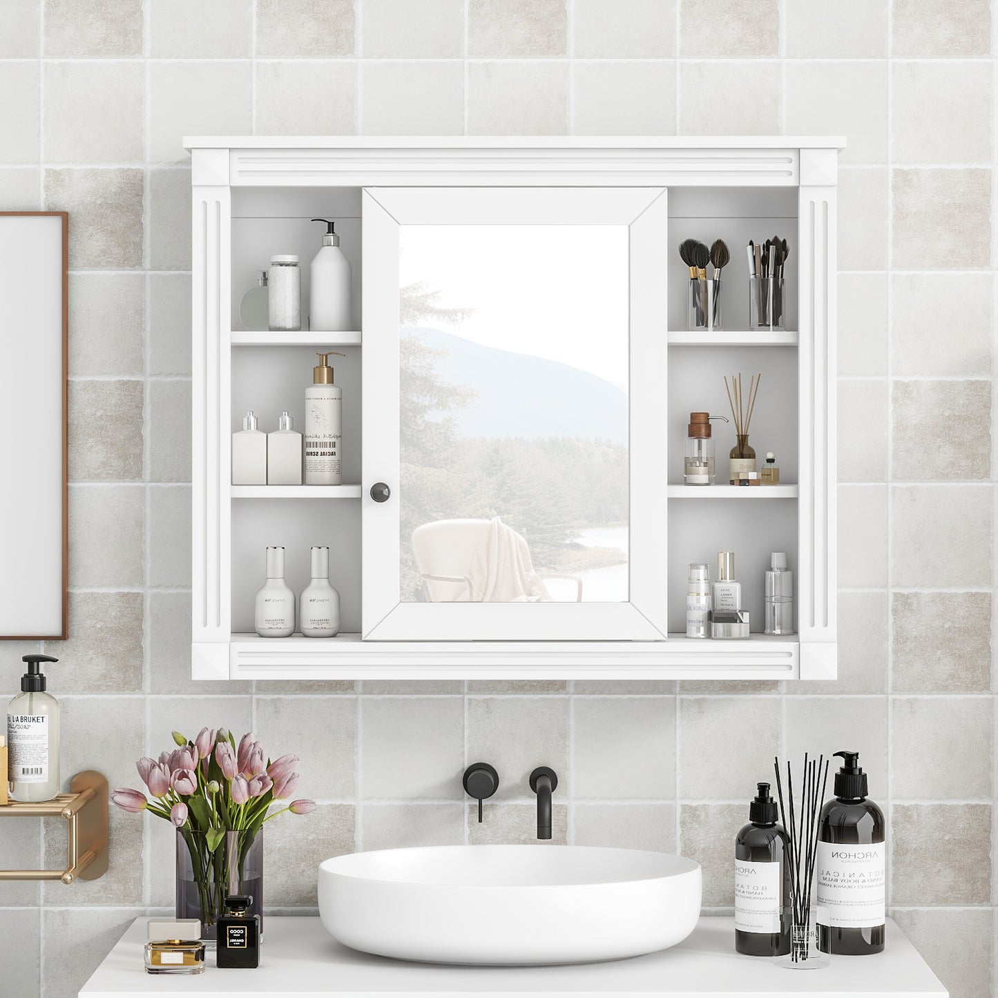 35X 28 Wall Mounted Bathroom Storage Cabinet, Medicine Cabinet, Modern Bathroom Wall Cabinet With Mirror, Mirror Cabinet With 6 Open Shelves Not Include Bathroom Vanity