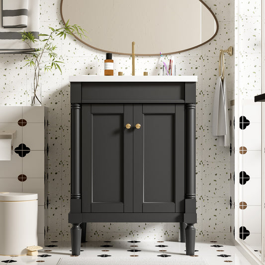 24'' Bathroom Vanity With Top Sink, 2-Tier Modern Bathroom Storage Cabinet, Single Sink Bathroom Vanity, Large Storage Shelves